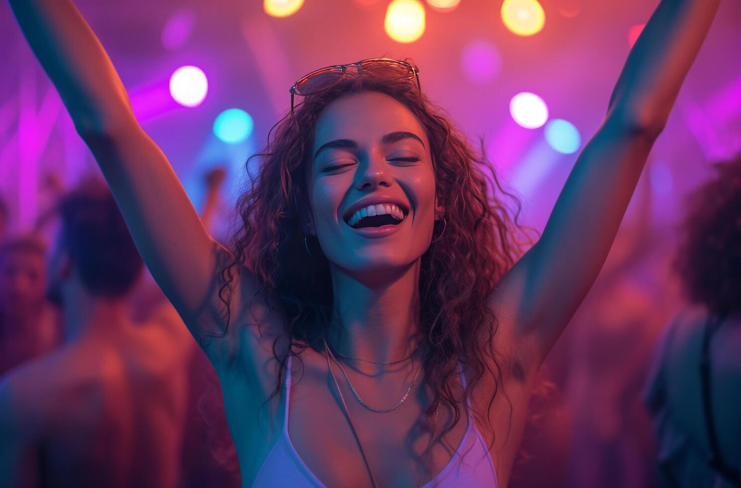 AI generated a woman is raising her hands in a dance club photo