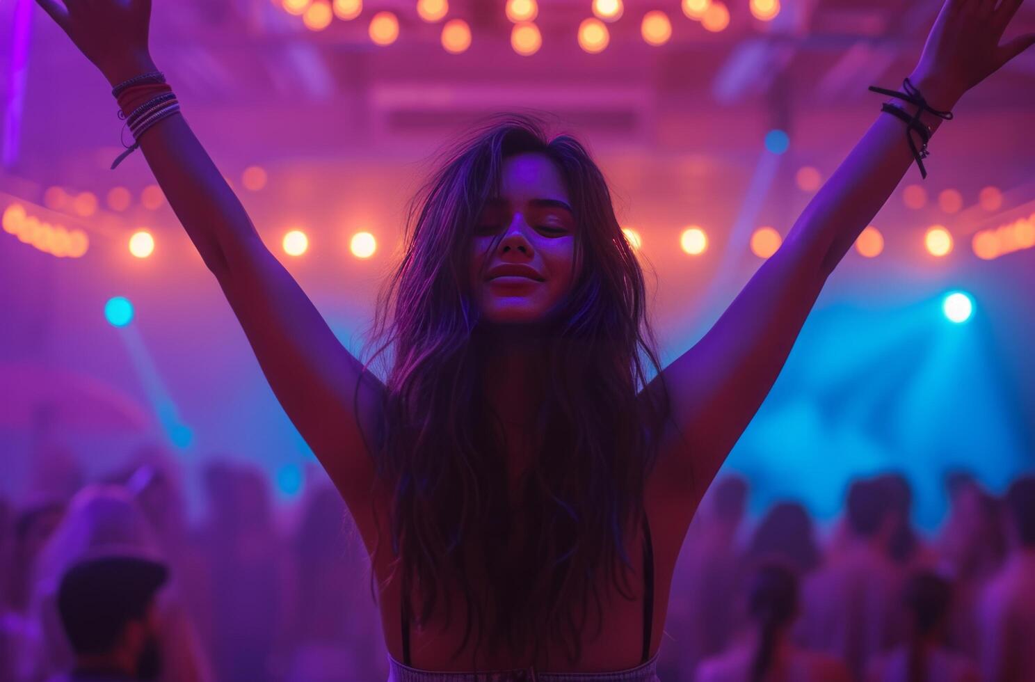 AI generated a woman is raising her hands in a dance club photo