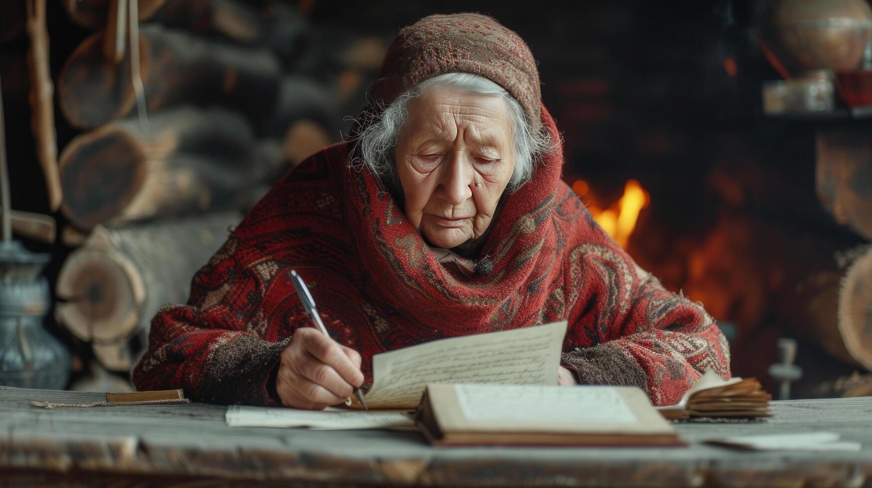 AI generated An old woman writes a letter sitting at an old oak table against the background of a fireplace photo