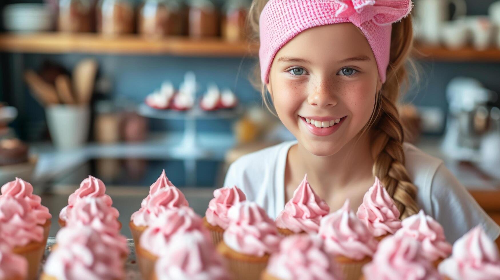 ai generado hermosa niña 12 años antiguo hornea fiesta magdalenas en el cocina foto