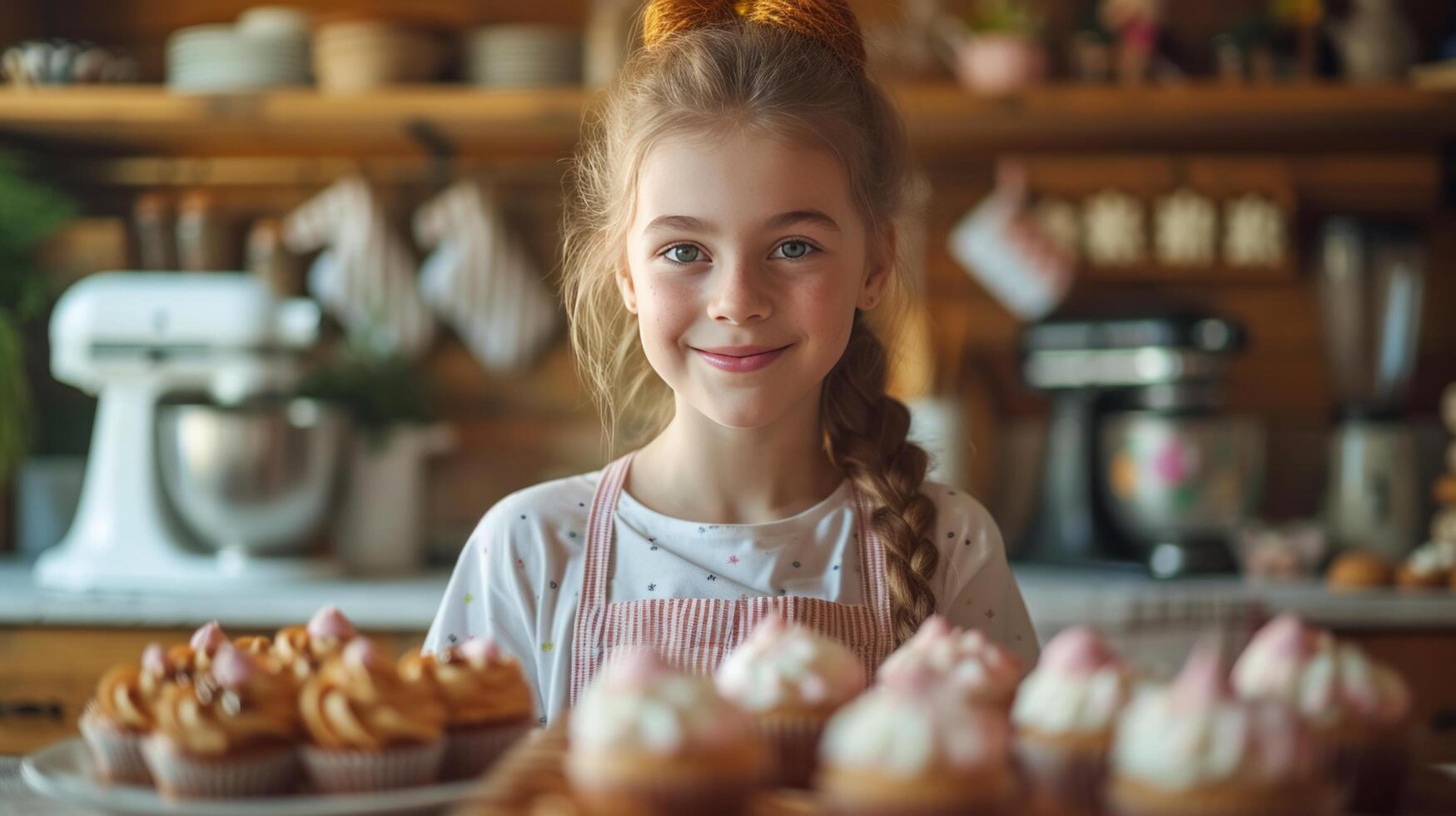 ai generado hermosa niña 12 años antiguo hornea fiesta magdalenas en el cocina foto