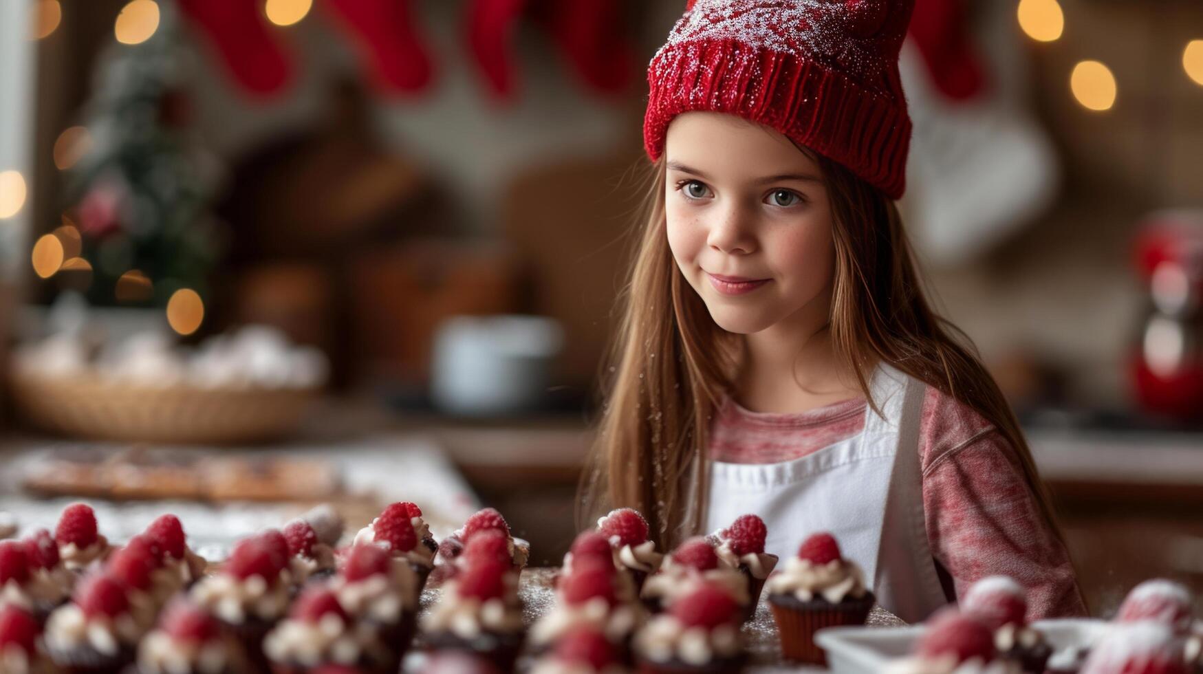 ai generado hermosa niña 12 años antiguo hornea fiesta magdalenas en el cocina foto