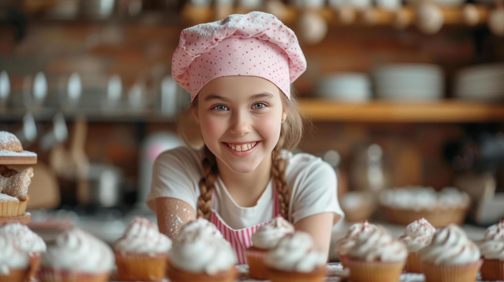 AI generated Beautiful girl 12 years old bakes holiday cupcakes in the kitchen photo