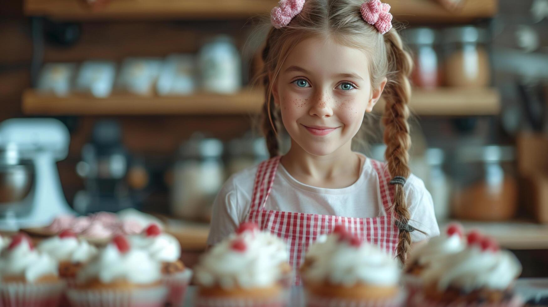 ai generado hermosa niña 12 años antiguo hornea fiesta magdalenas en el cocina foto