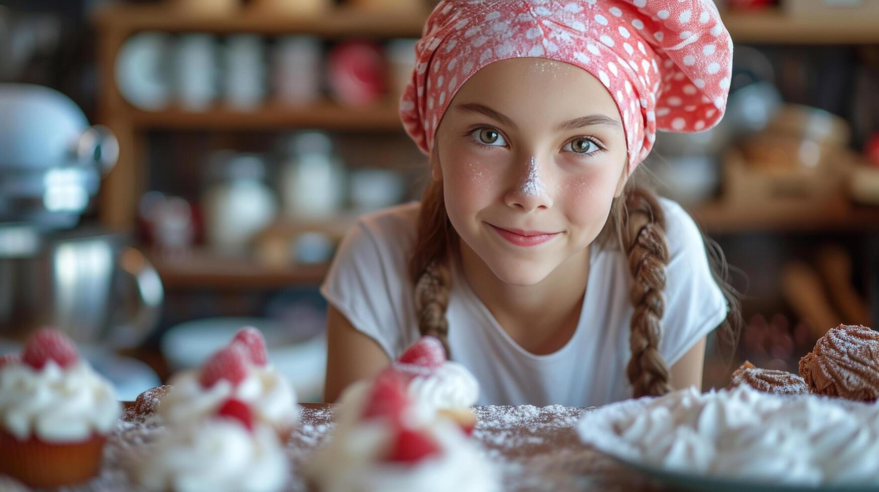 AI generated Beautiful girl 12 years old bakes holiday cupcakes in the kitchen photo