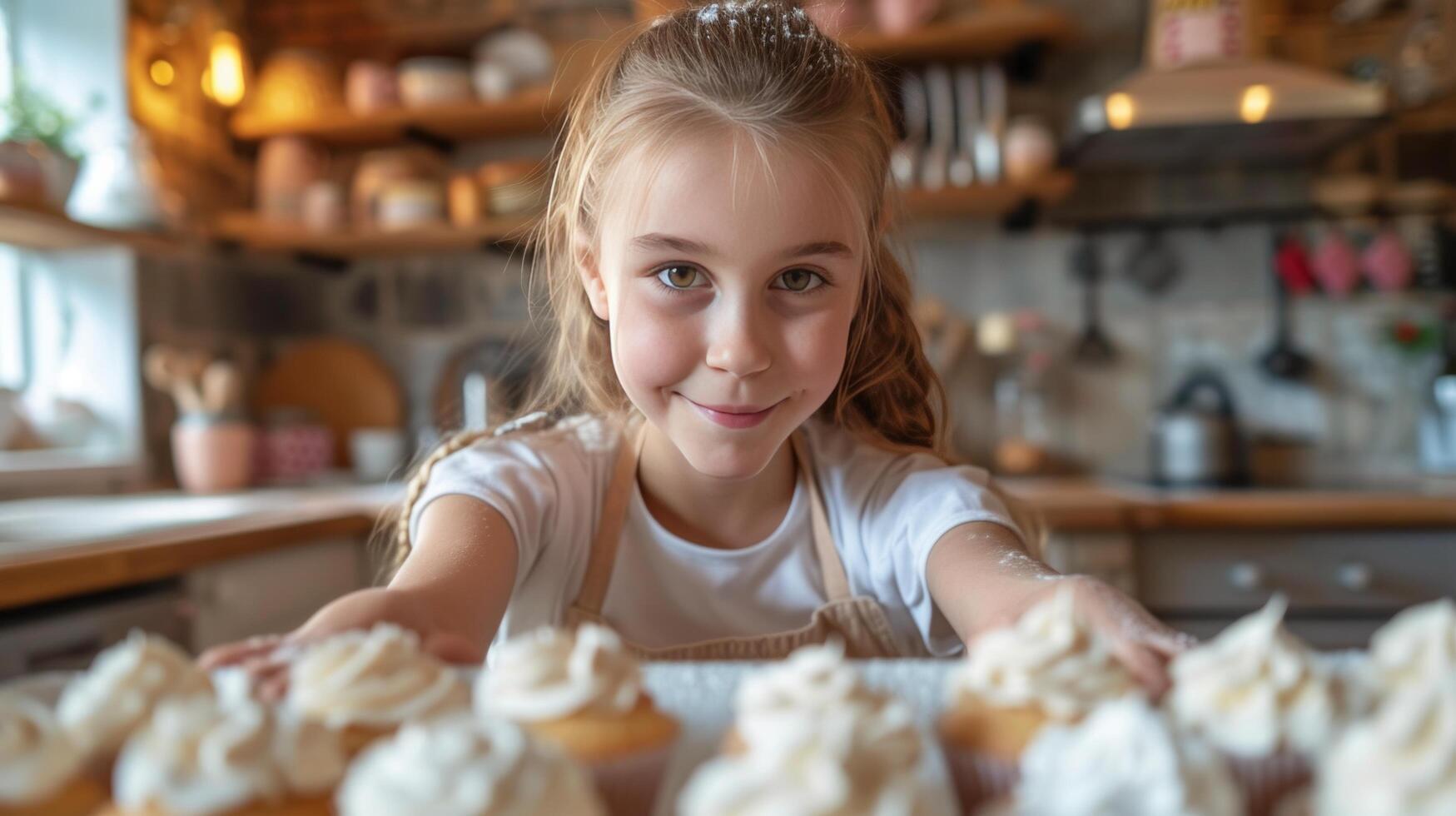 AI generated Beautiful girl 12 years old bakes holiday cupcakes in the kitchen photo