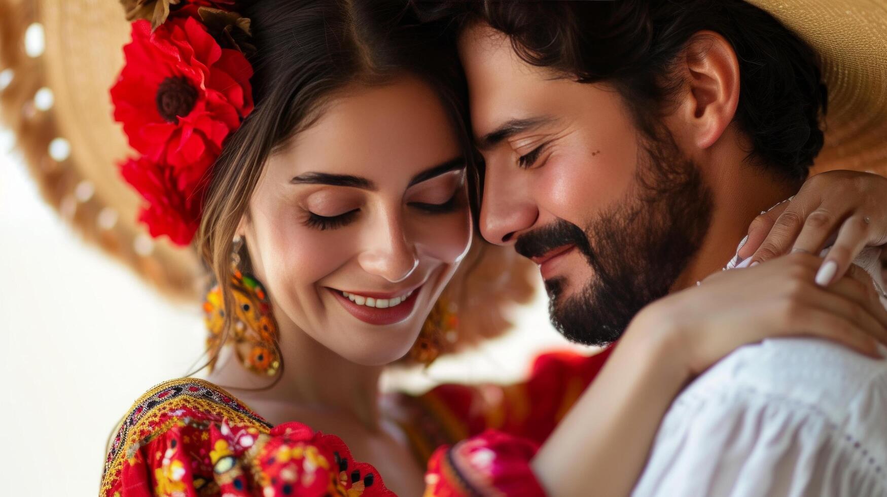 AI generated Beautiful Spanish young couple dancing in national costumes Latin dance photo