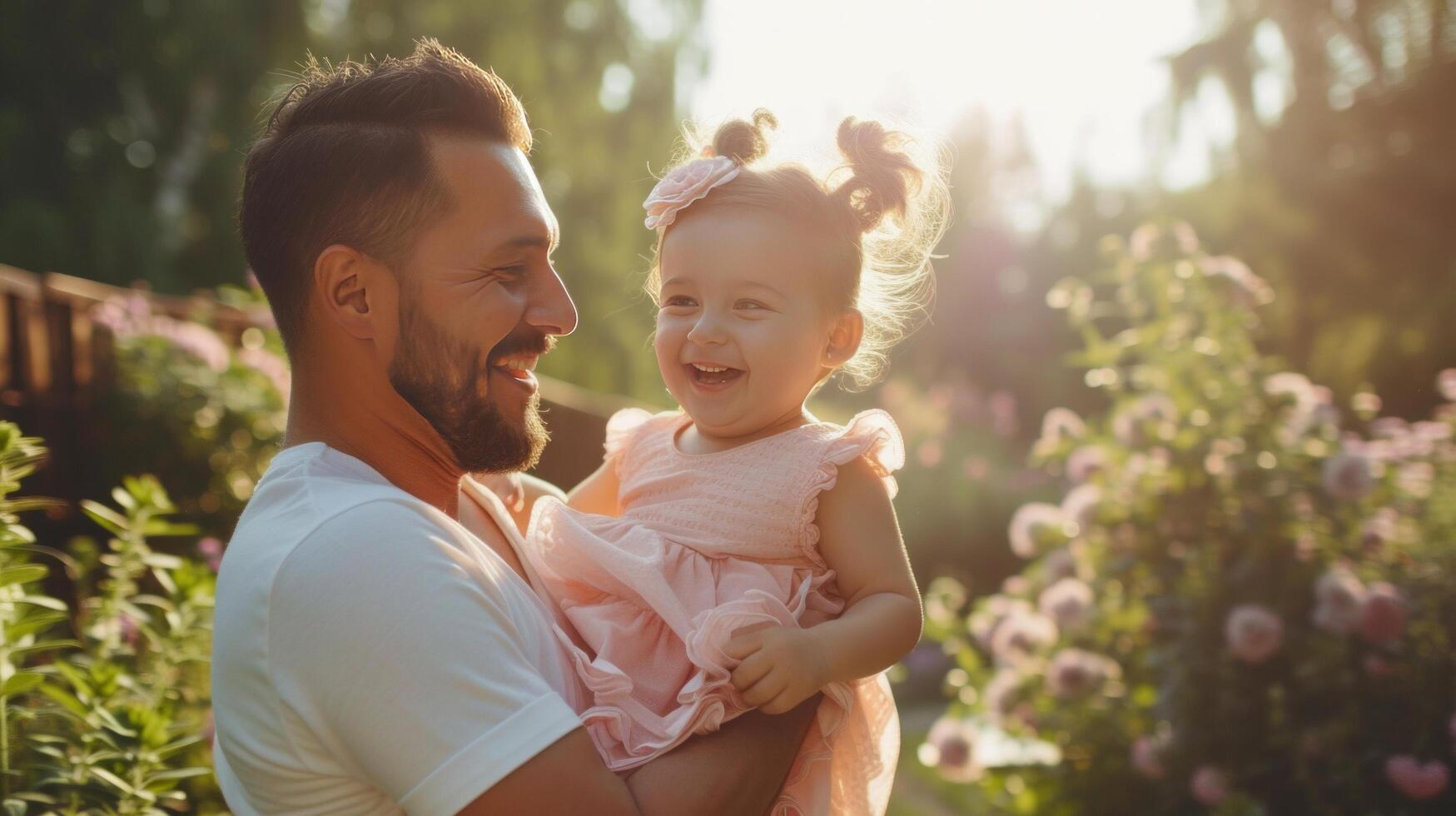 AI generated Dad having fun with his daughter in the summer garden dressed in pink princess outfits photo