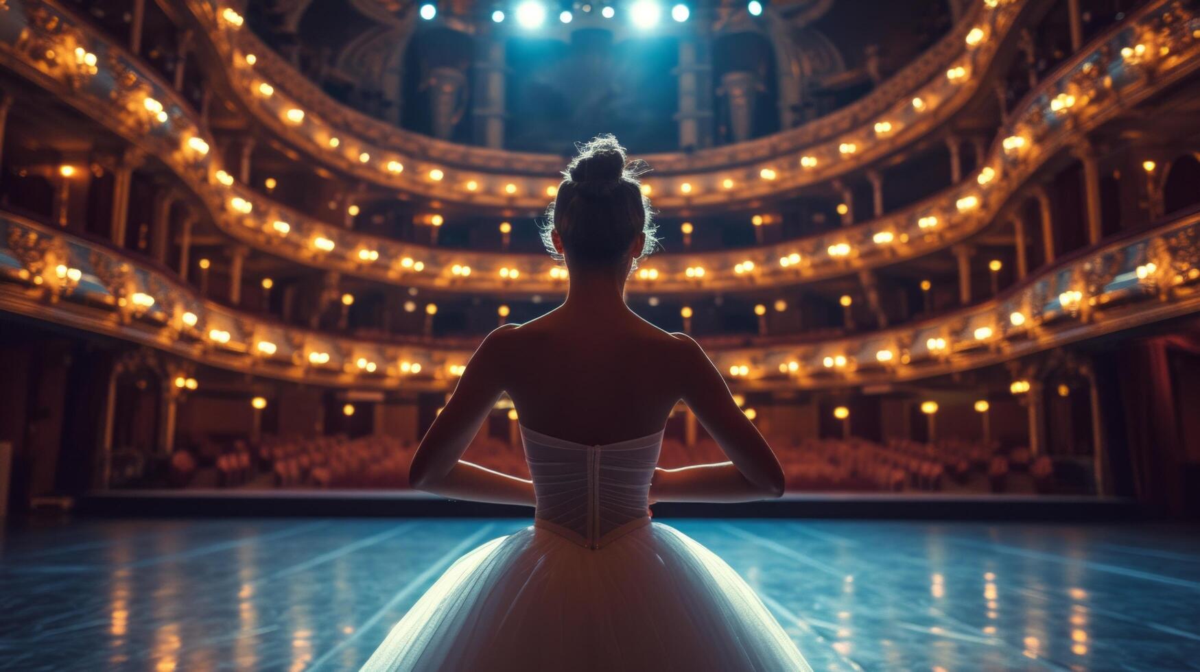 AI generated Lonely ballerina training alone on the stage of a large opera house in front of an empty hall photo