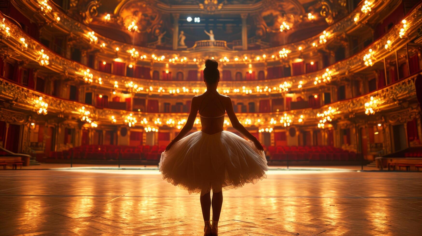 AI generated Lonely ballerina training alone on the stage of a large opera house in front of an empty hall photo