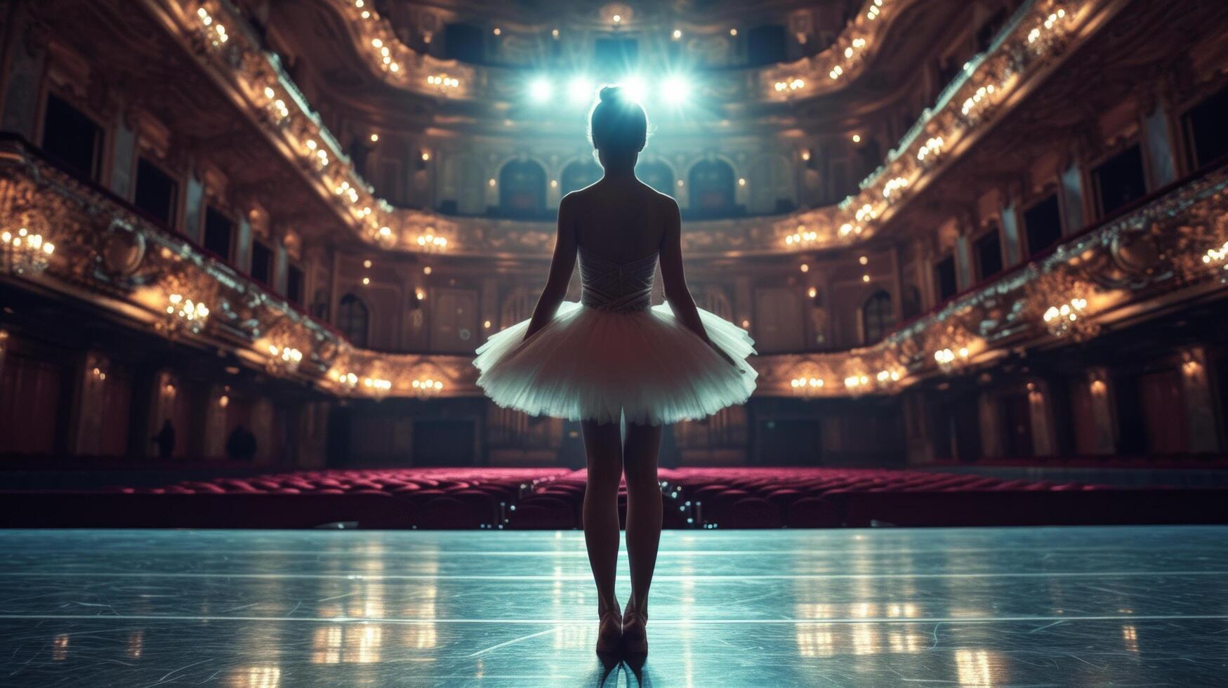 AI generated Lonely ballerina training alone on the stage of a large opera house in front of an empty hall photo