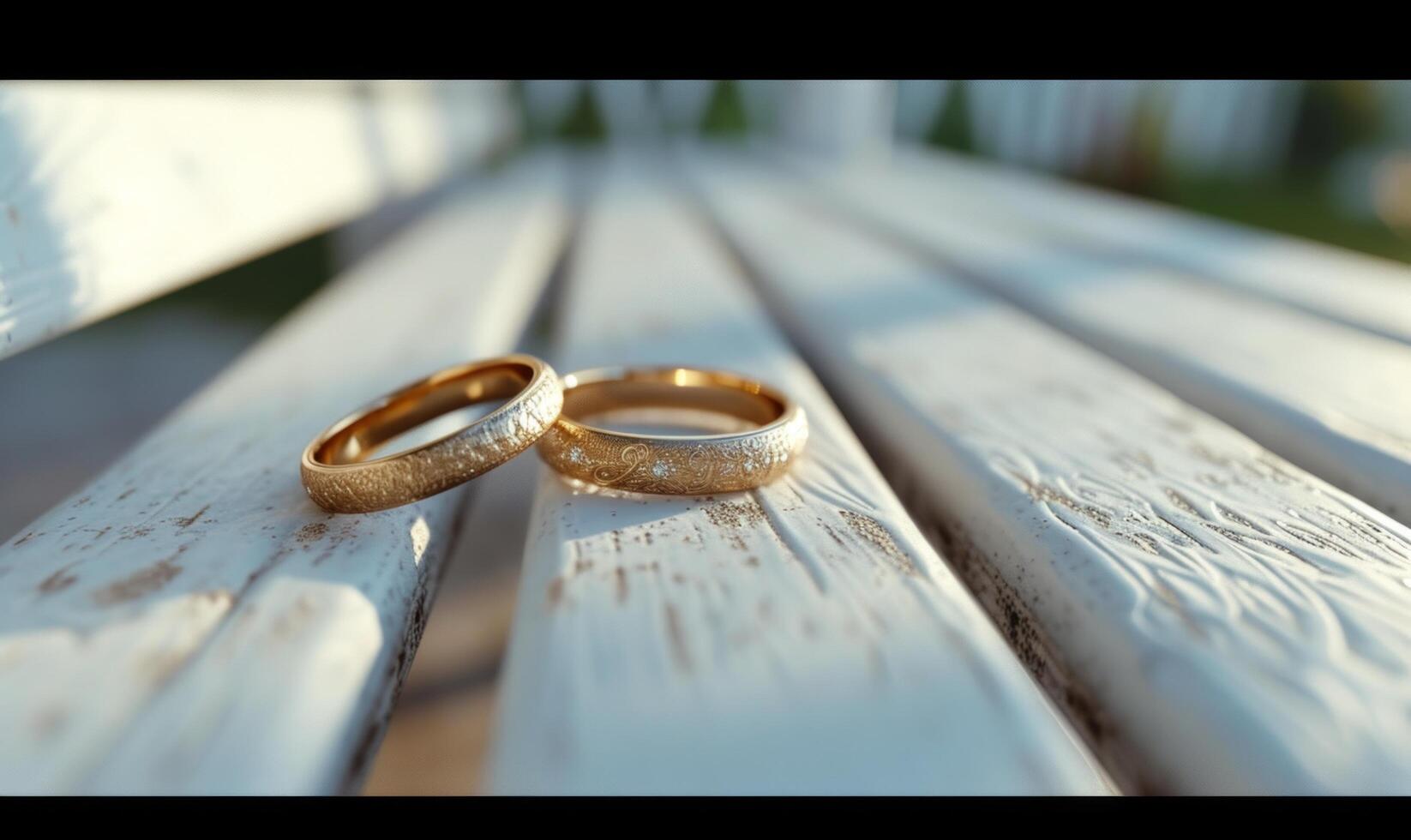 AI generated wedding rings are sitting on a white bench, rendered in unreal engine, gold photo