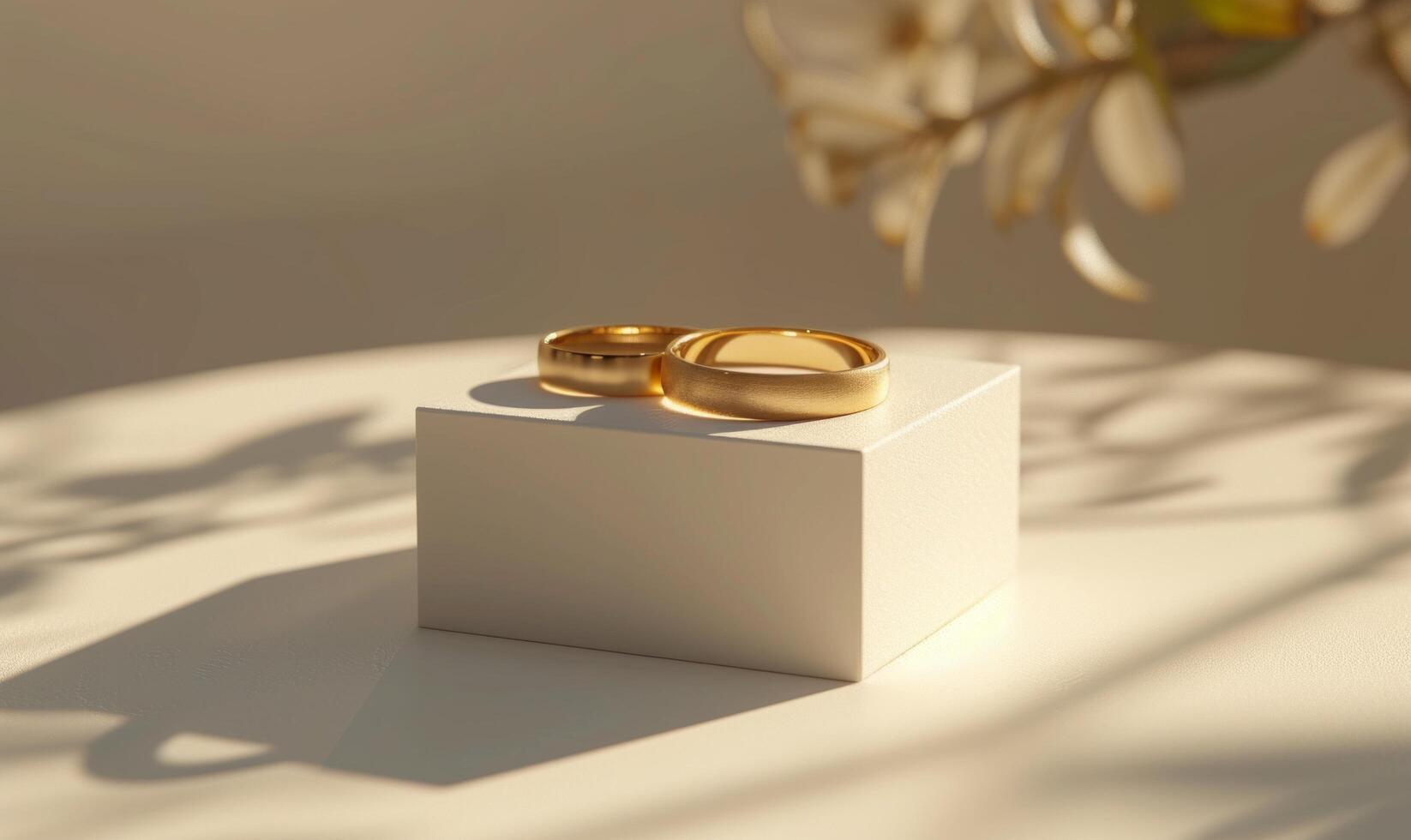 AI generated wedding rings are sitting on a white bench, rendered in unreal engine, gold photo