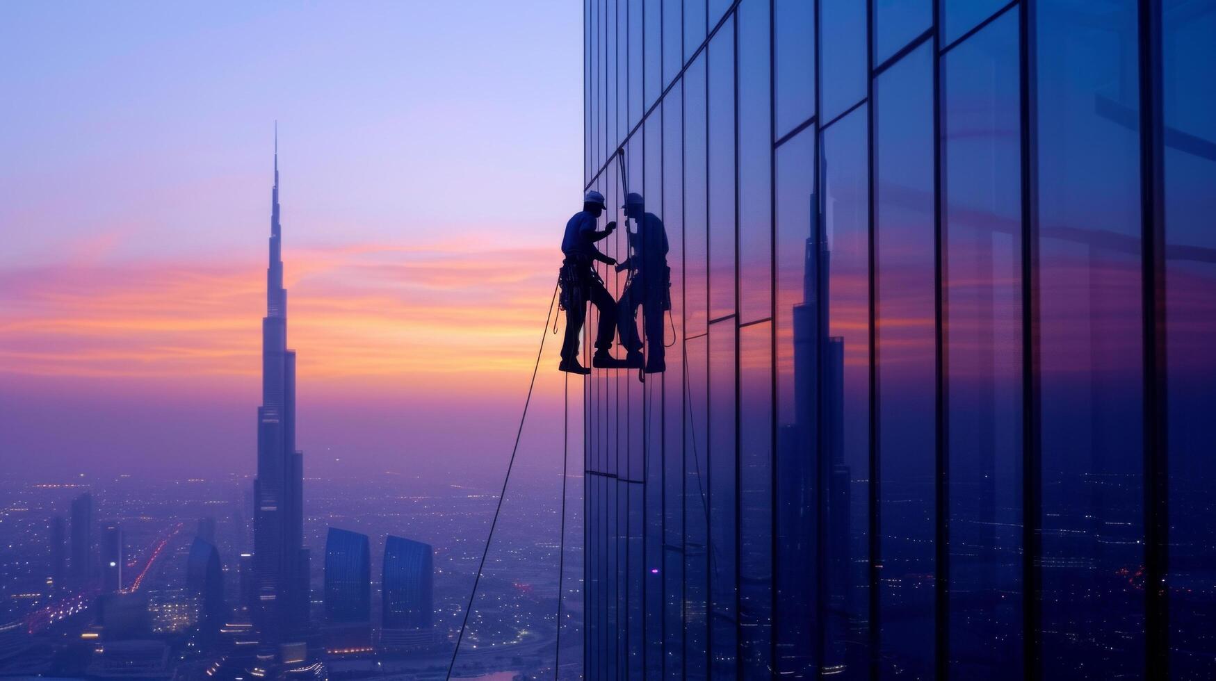 AI generated Window cleaners wash windows on a skyscraper in city photo