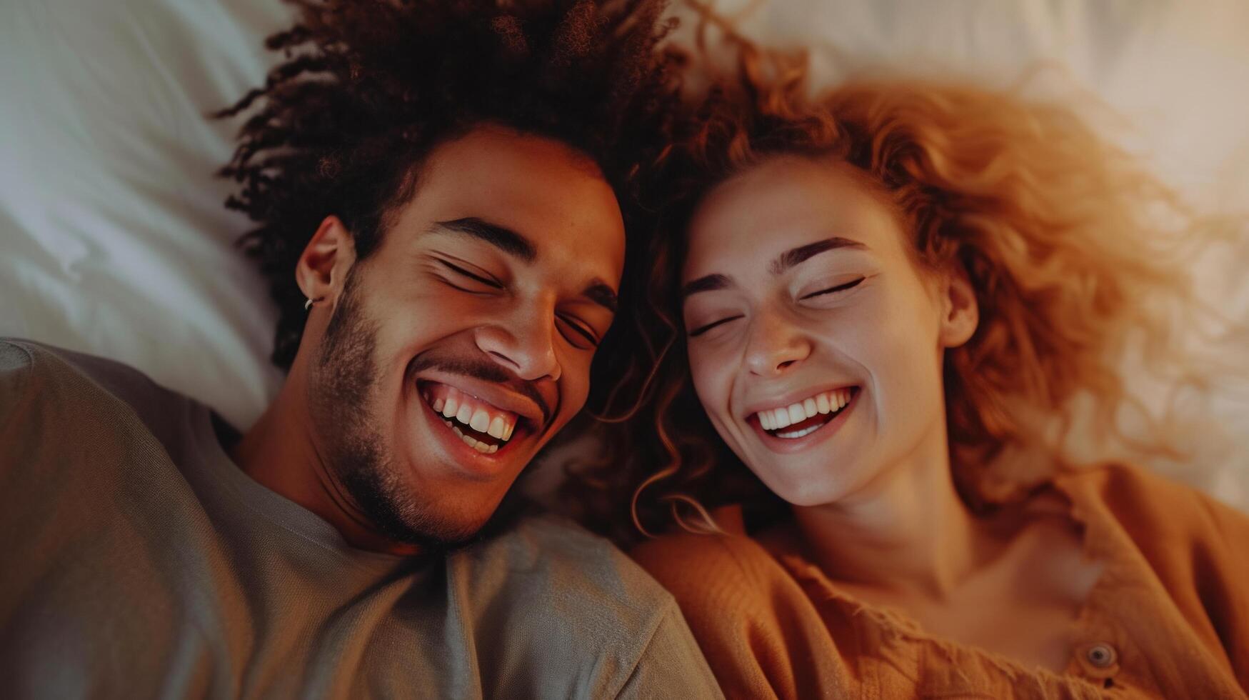 AI generated Young couple lying in bed and laughing photo