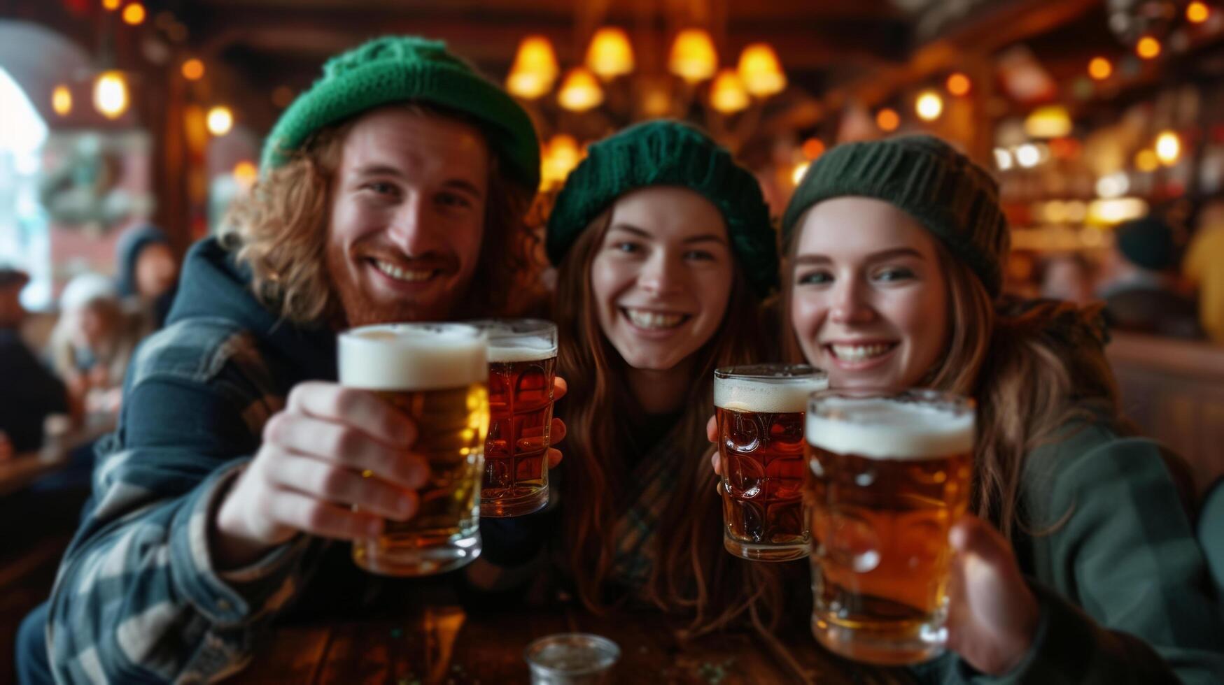 AI generated A cheerful company of young people celebrate St. Patrick's Day in an Irish pub photo