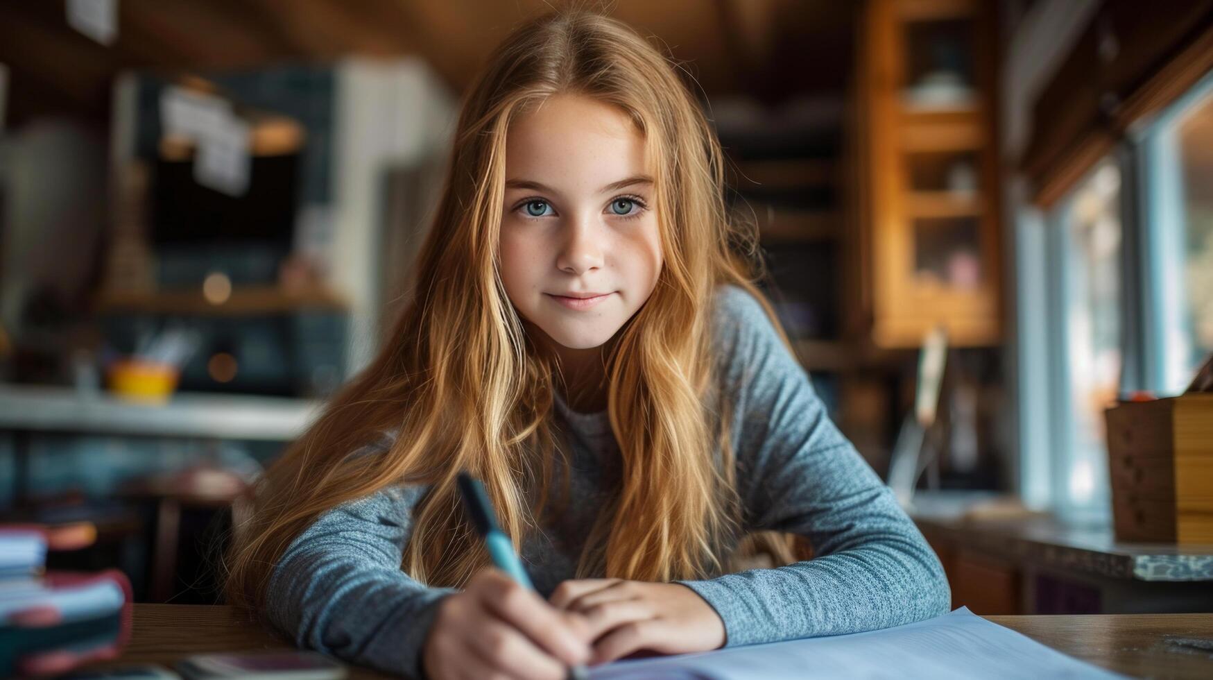AI generated A 12-year-old girl sits at the table and does her homework photo