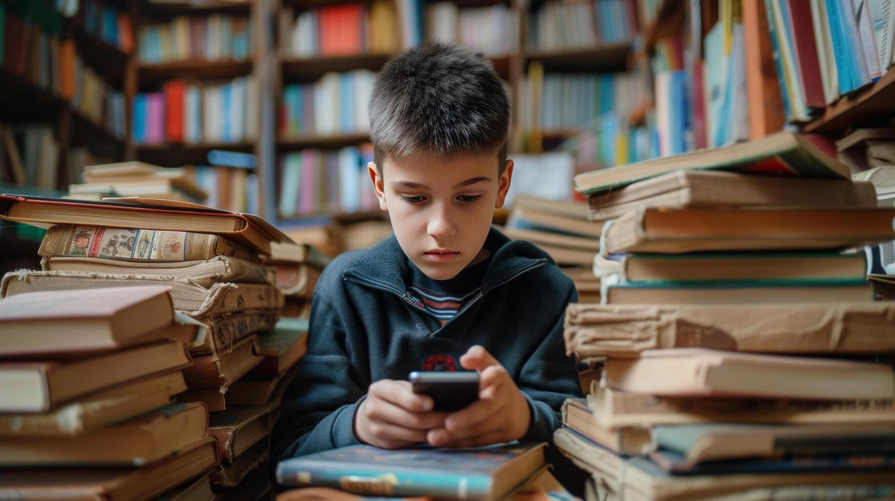 AI generated A schoolboy plays a game on the phone. photo