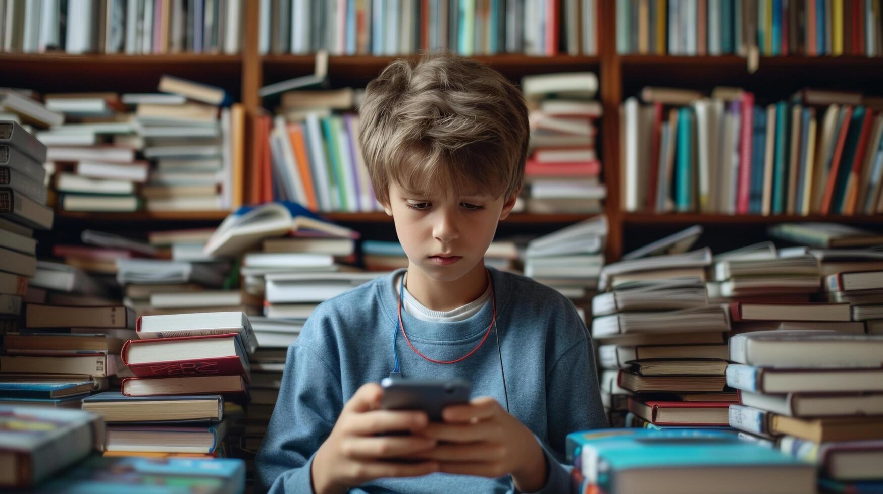 AI generated A schoolboy plays a game on the phone. photo