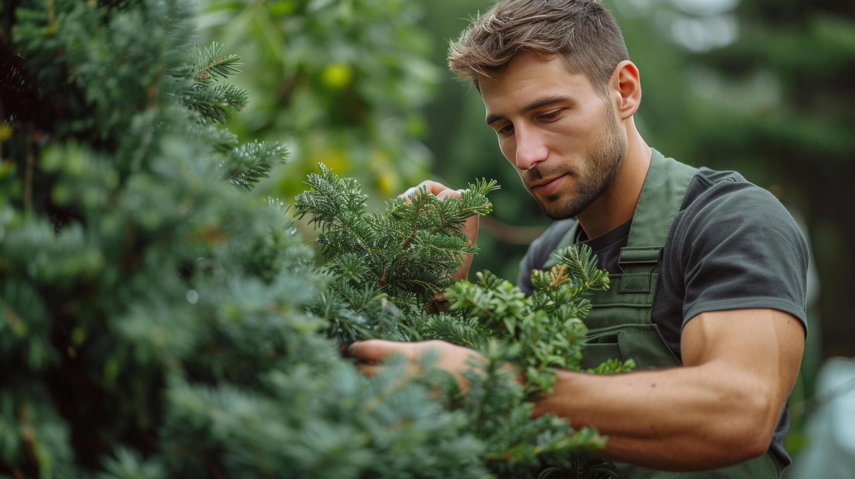 AI generated A young handsome gardener in a dark green apron trims a thuja into a round shape photo