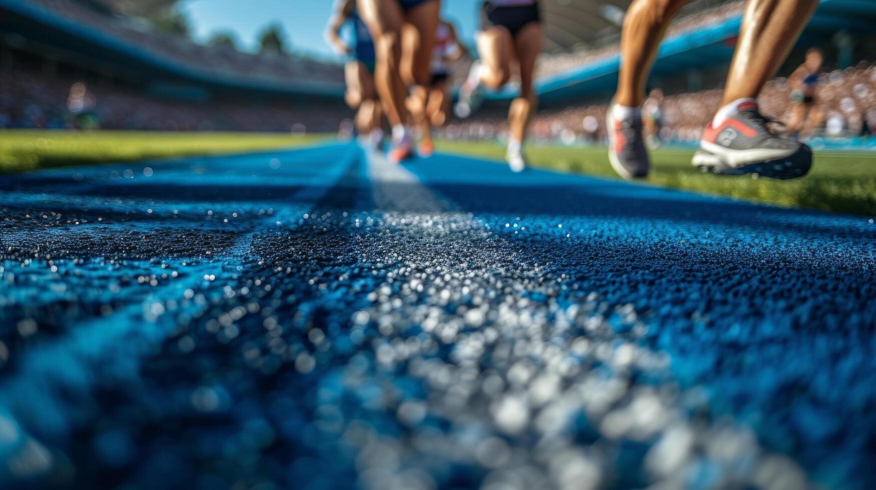 ai generado Atletas corredores correr arriba a el terminar línea a el estadio foto