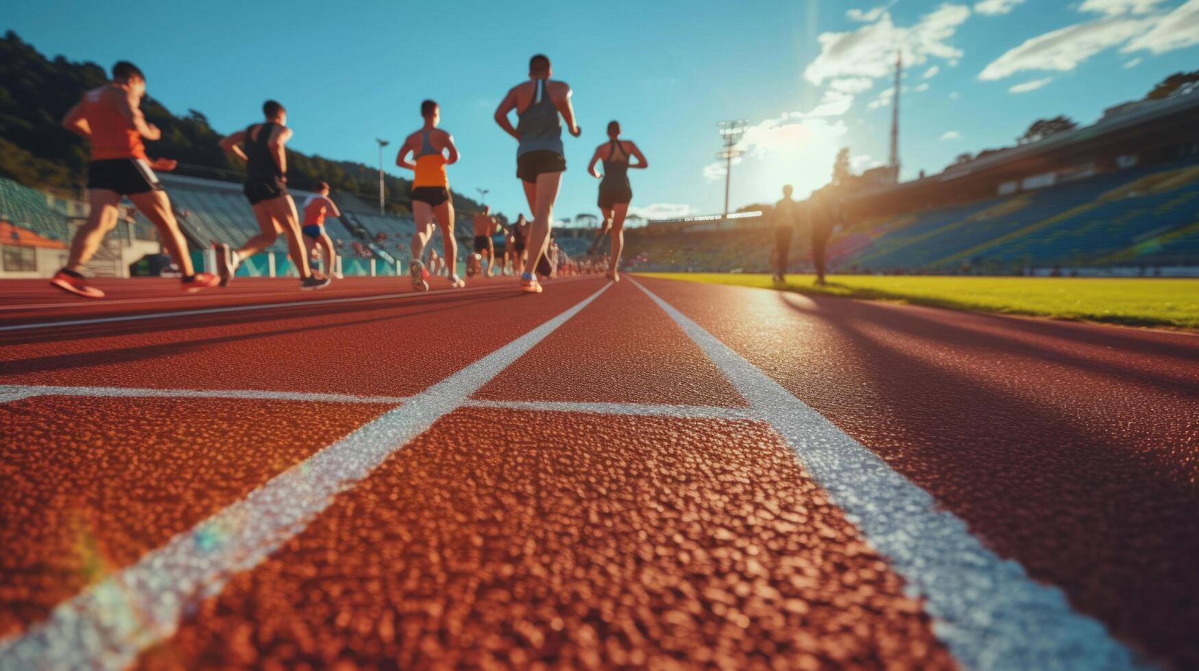 AI generated Athletes runners run up to the finish line at the stadium photo