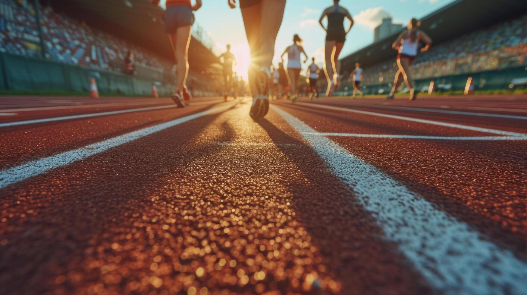 AI generated Athletes runners run up to the finish line at the stadium photo