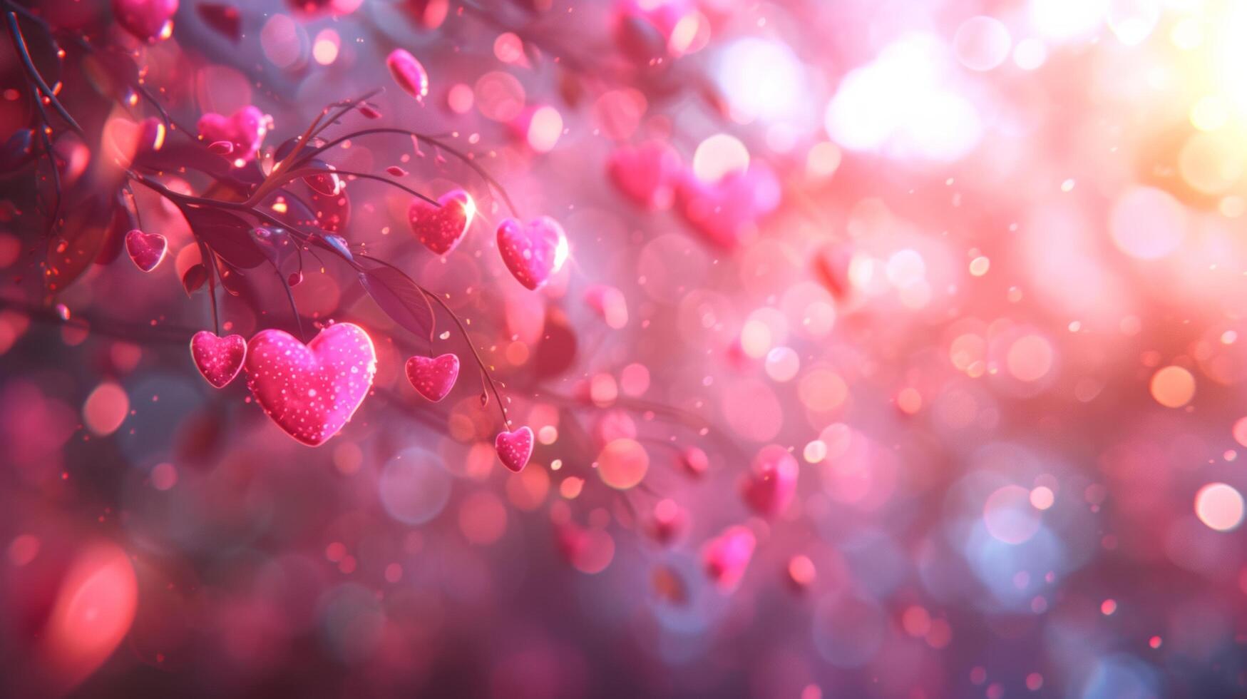 AI generated Beautiful blurred background with pink hearts and transparent bokeh lights photo