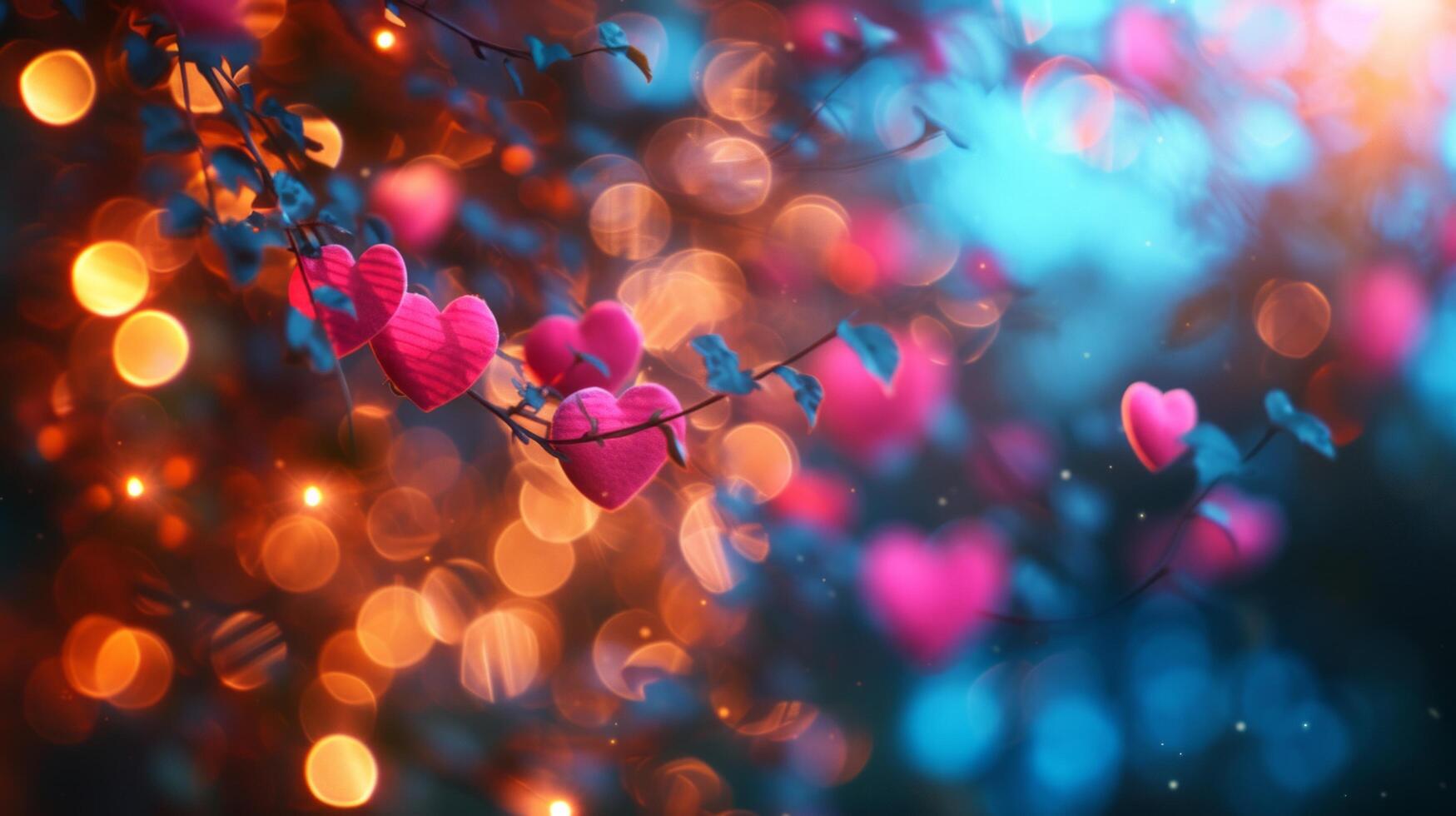AI generated Beautiful blurred background with pink hearts and transparent bokeh lights photo