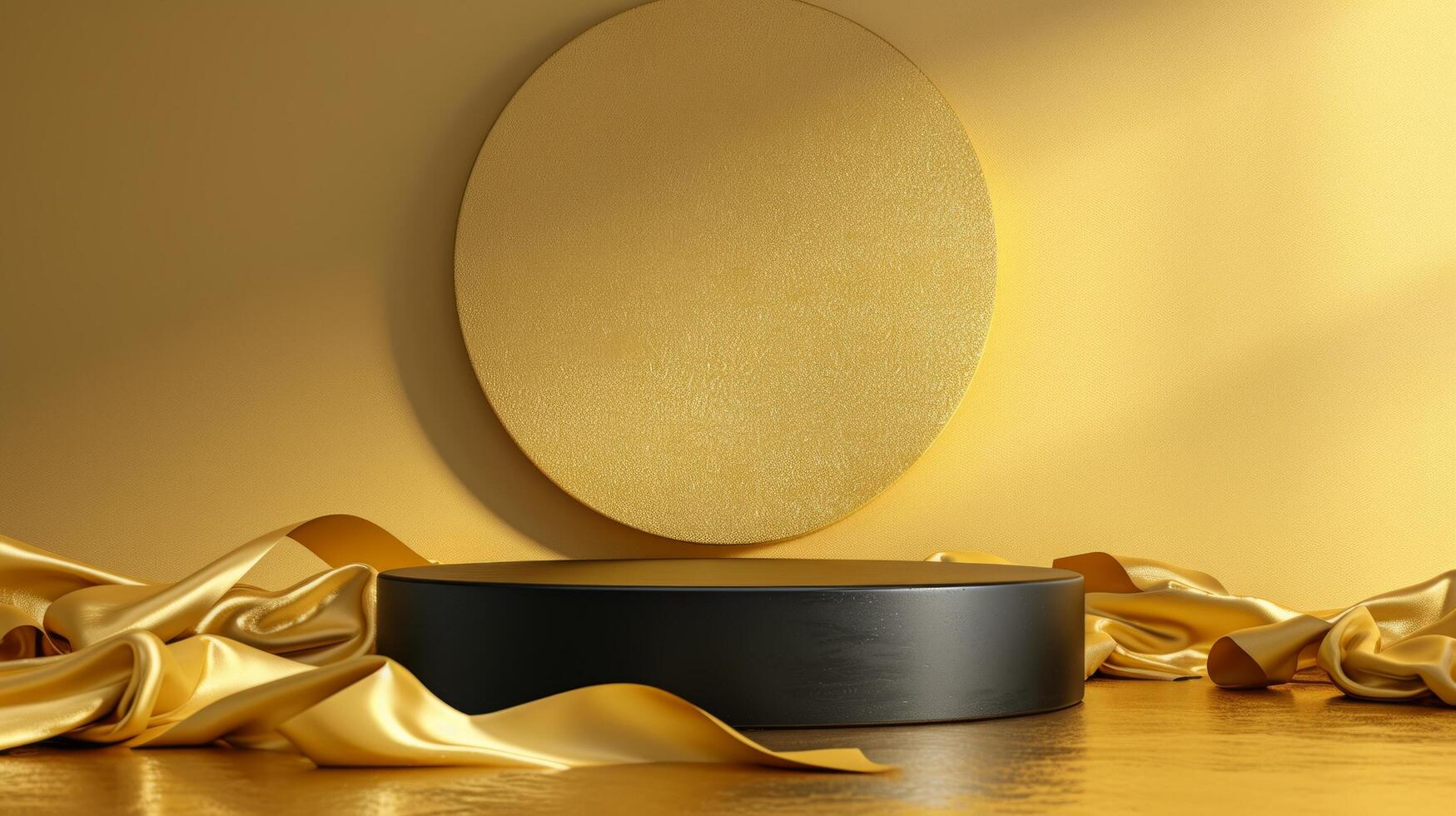 AI generated black podium on a gold minimalistic background. A golden satin ribbon lies nearby photo