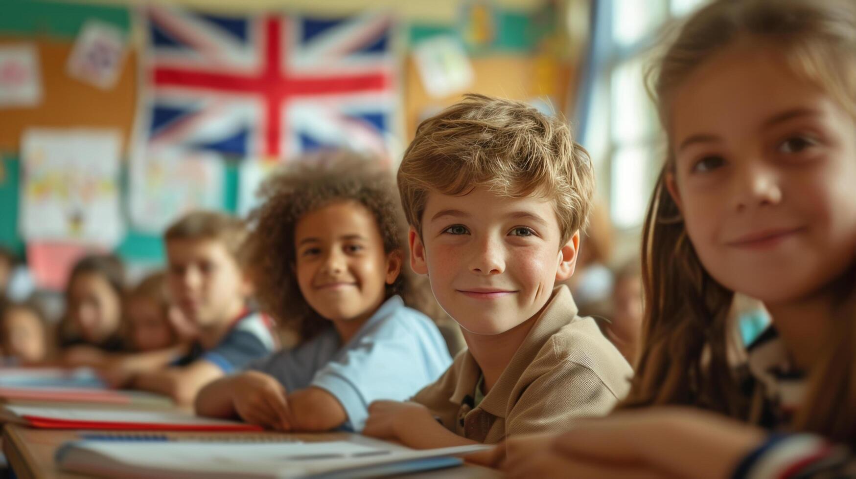 AI generated Children are sitting in a school classroom photo