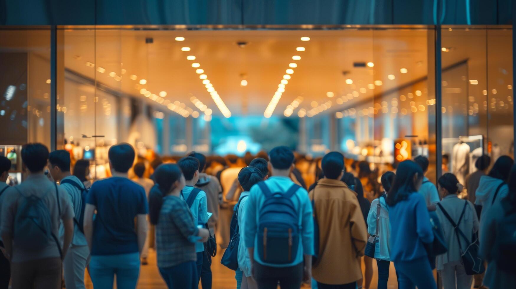 AI generated Blurred background of a crowd of people standing in line at a store photo