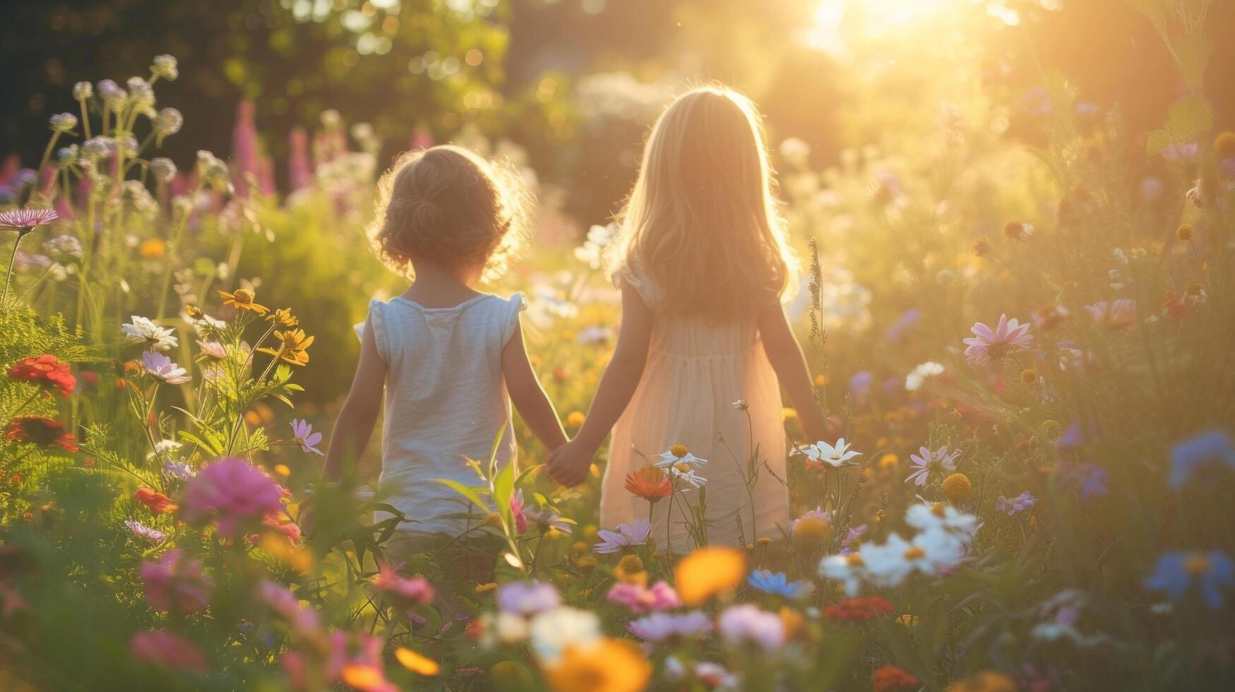 AI generated Children play in the summer sunny garden photo