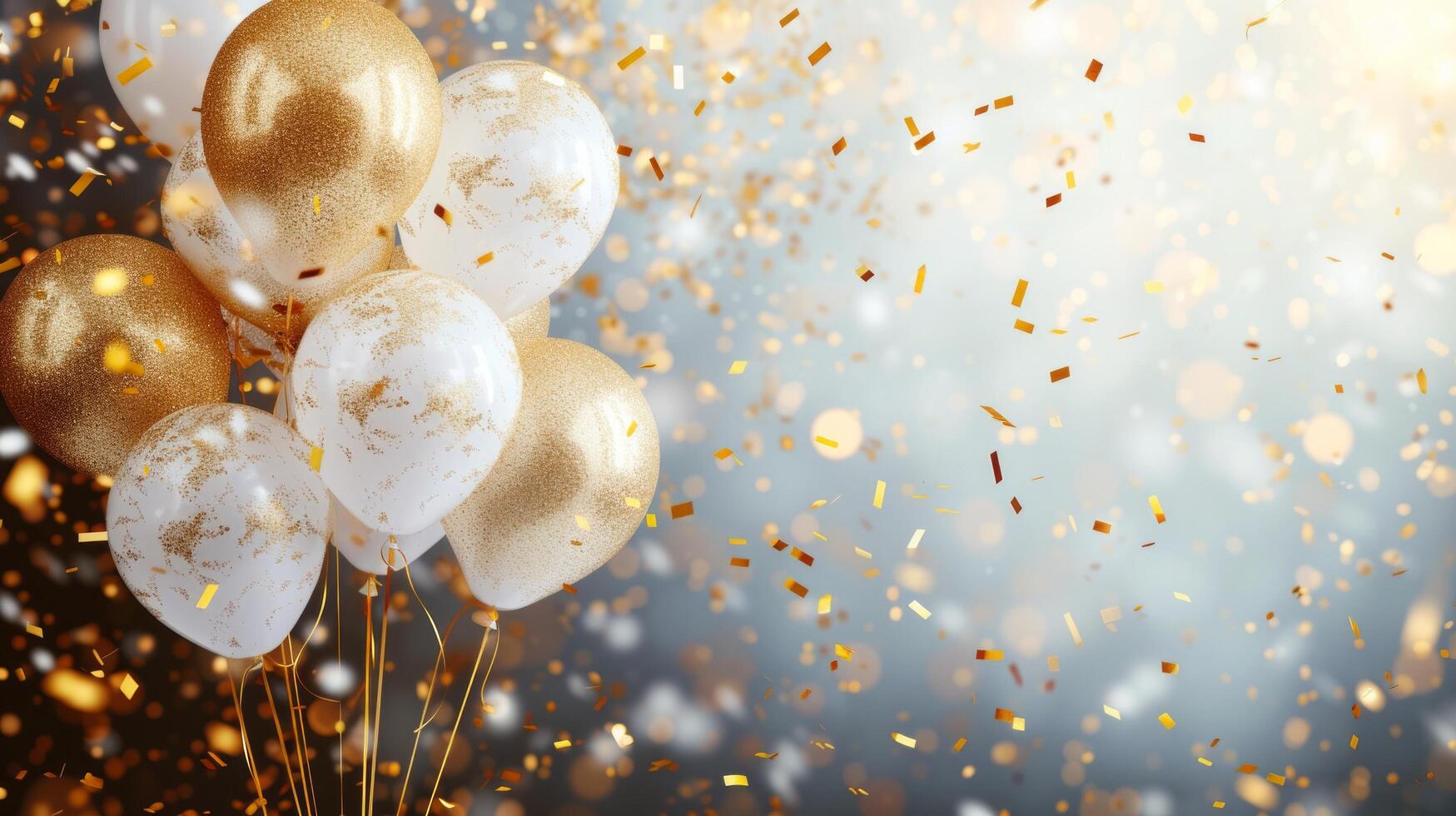 AI generated Festive background with glitter balloons, gold glitter confetti and plenty of space for text photo