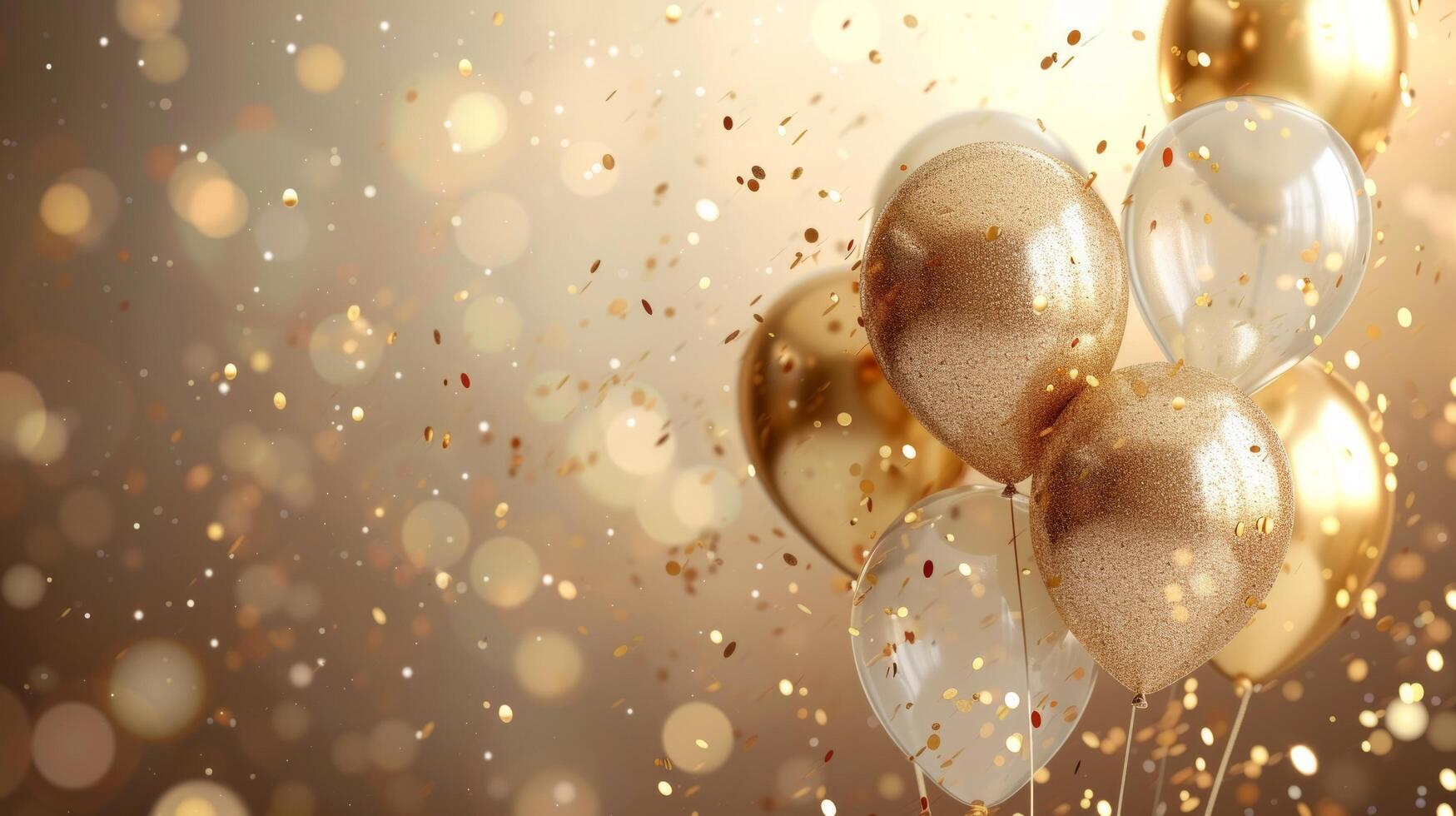 AI generated Festive background with glitter balloons, gold glitter confetti and plenty of space for text photo