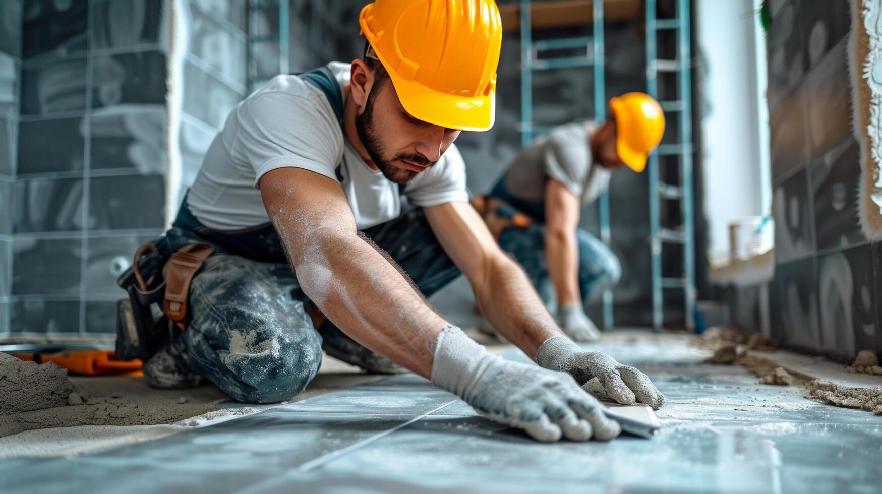 ai generado masculino constructores tendido cerámico losas en el baño foto