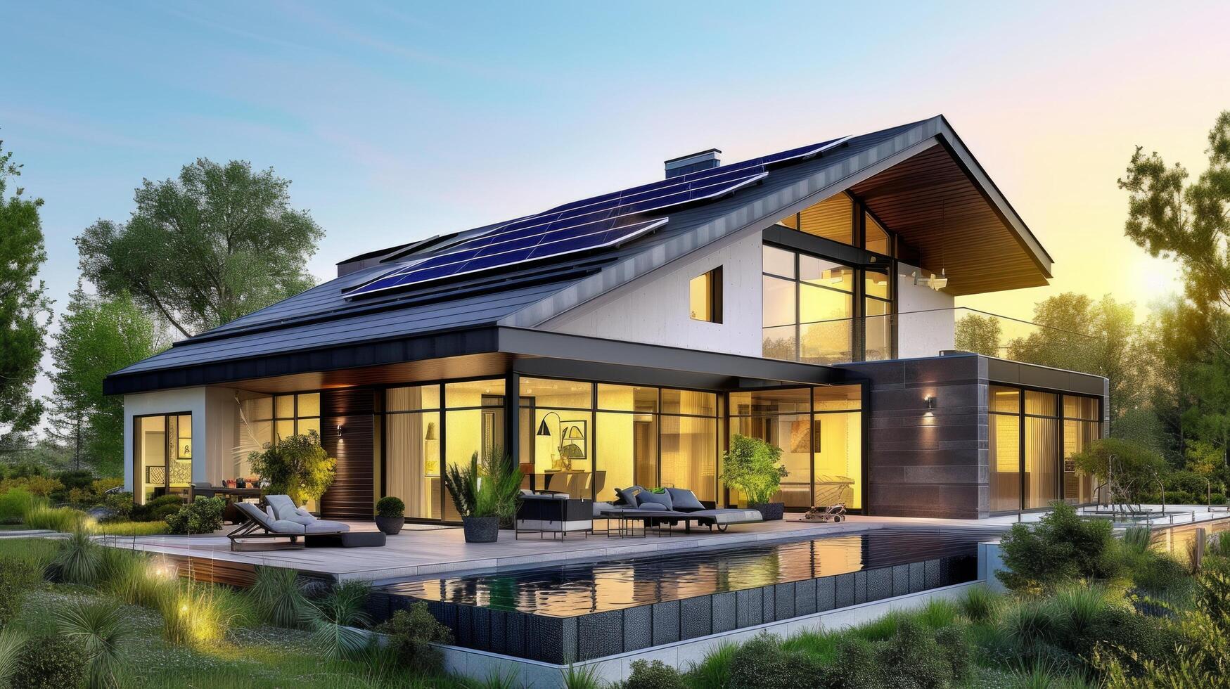 AI generated Modern English style house with solar panels on the roof photo