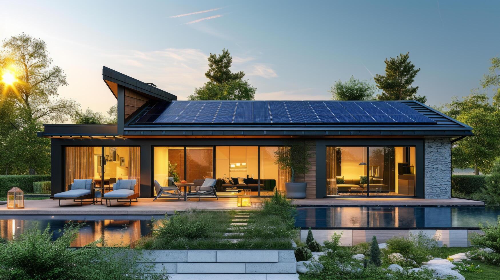 AI generated Modern English style house with solar panels on the roof photo