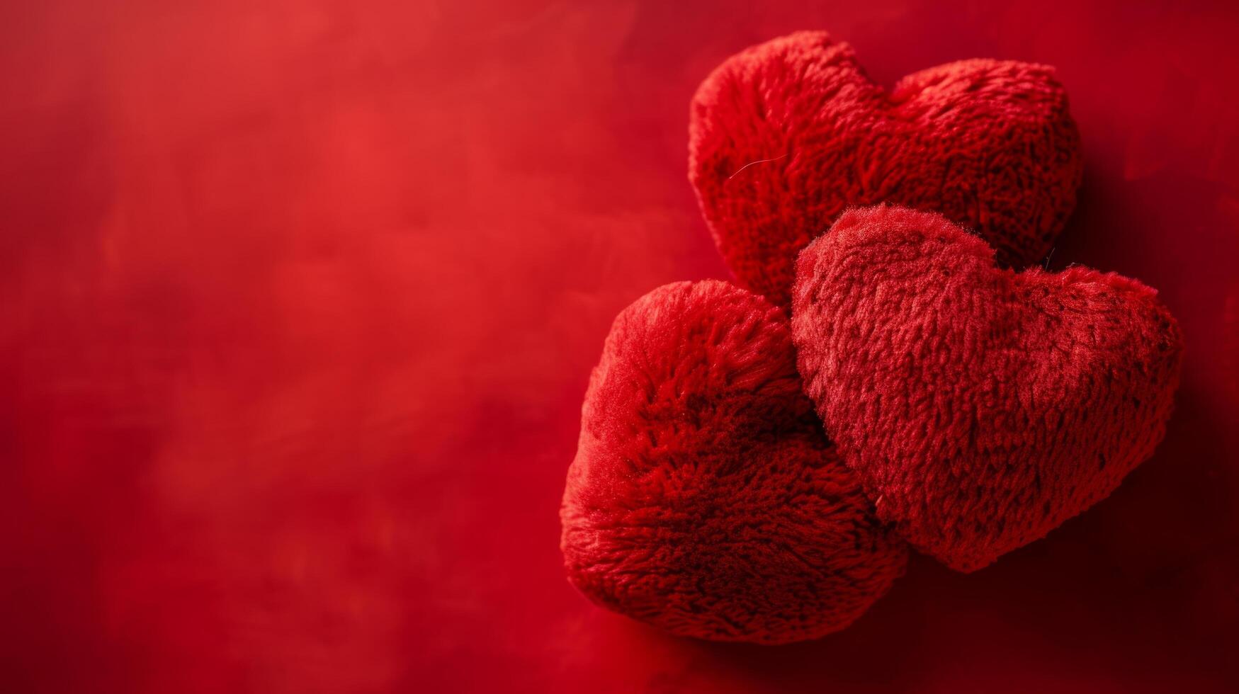 AI generated Two red plush hearts on a minimalistic red background with plenty of space for text photo