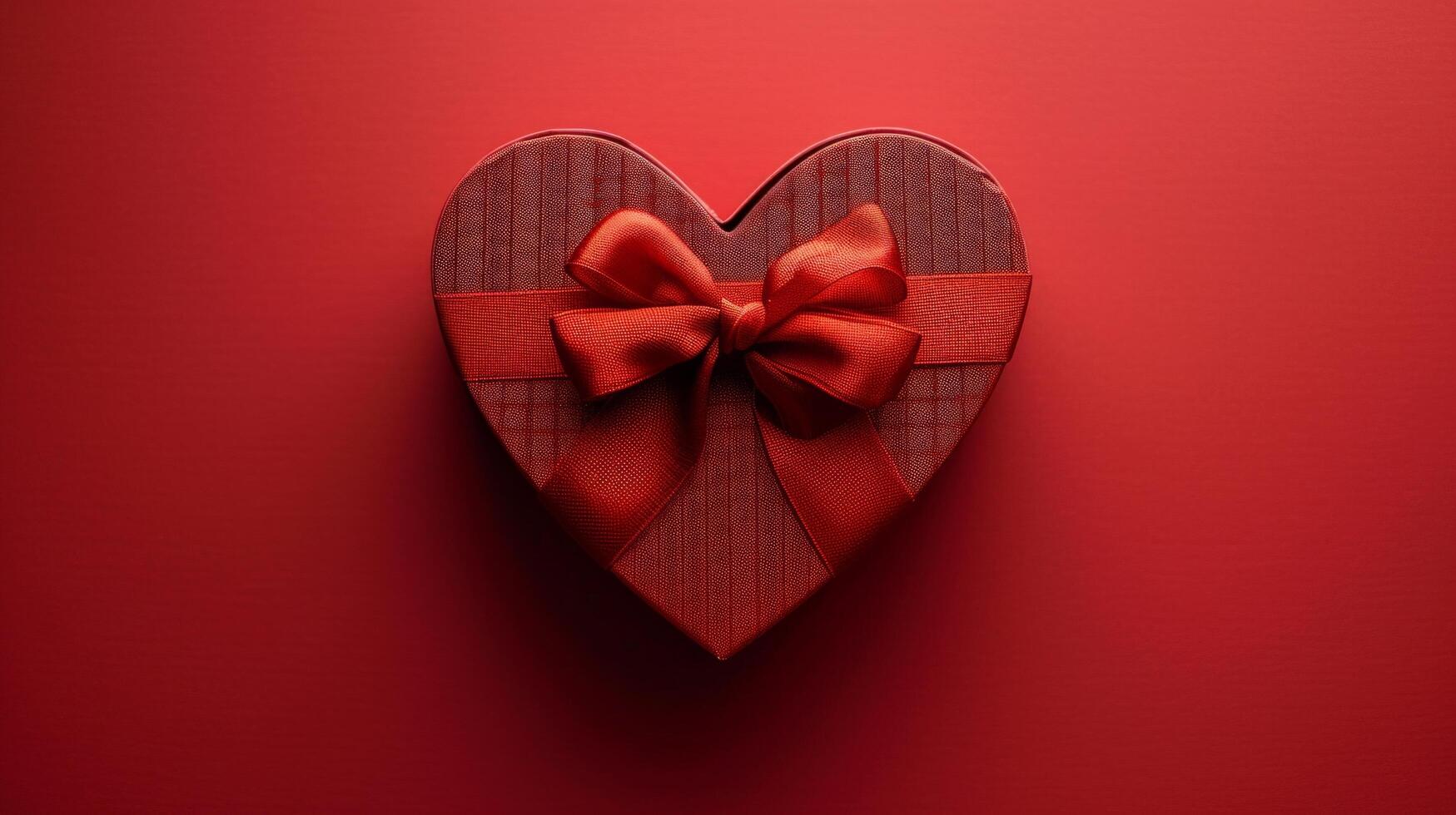 AI generated Red box in the shape of a heart with a bow on a minimalistic red background photo
