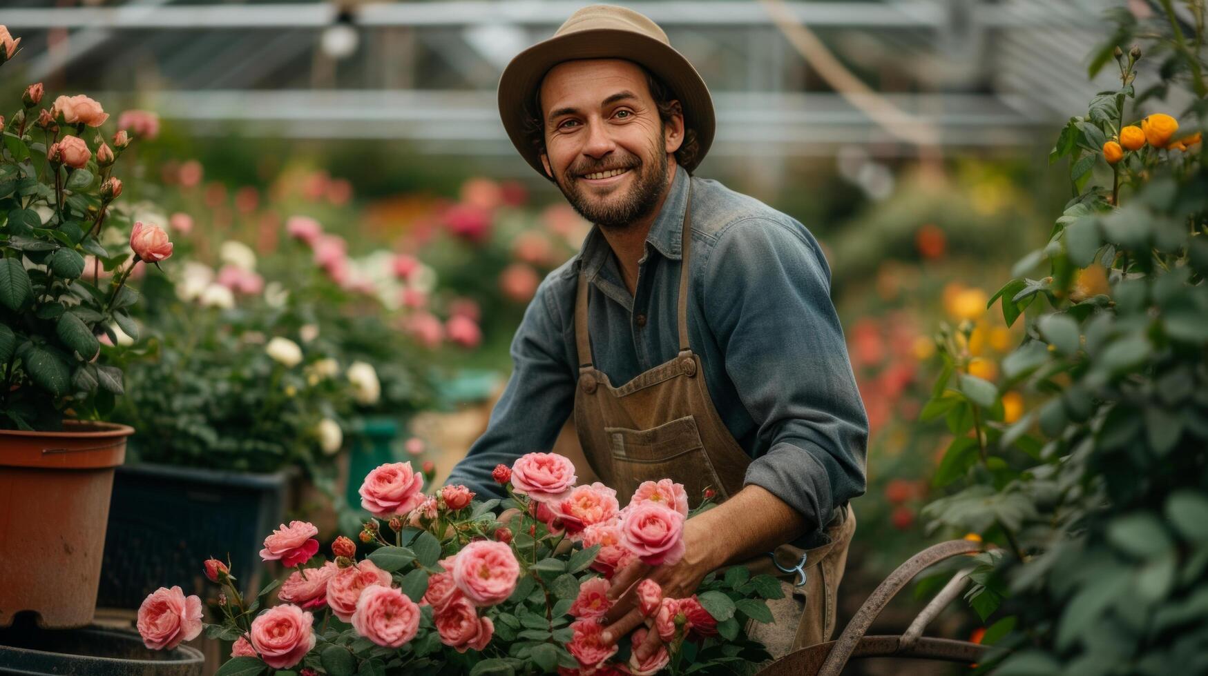 AI generated Young handsome man Gardener rolls roses in pots in a wheelbarrow photo