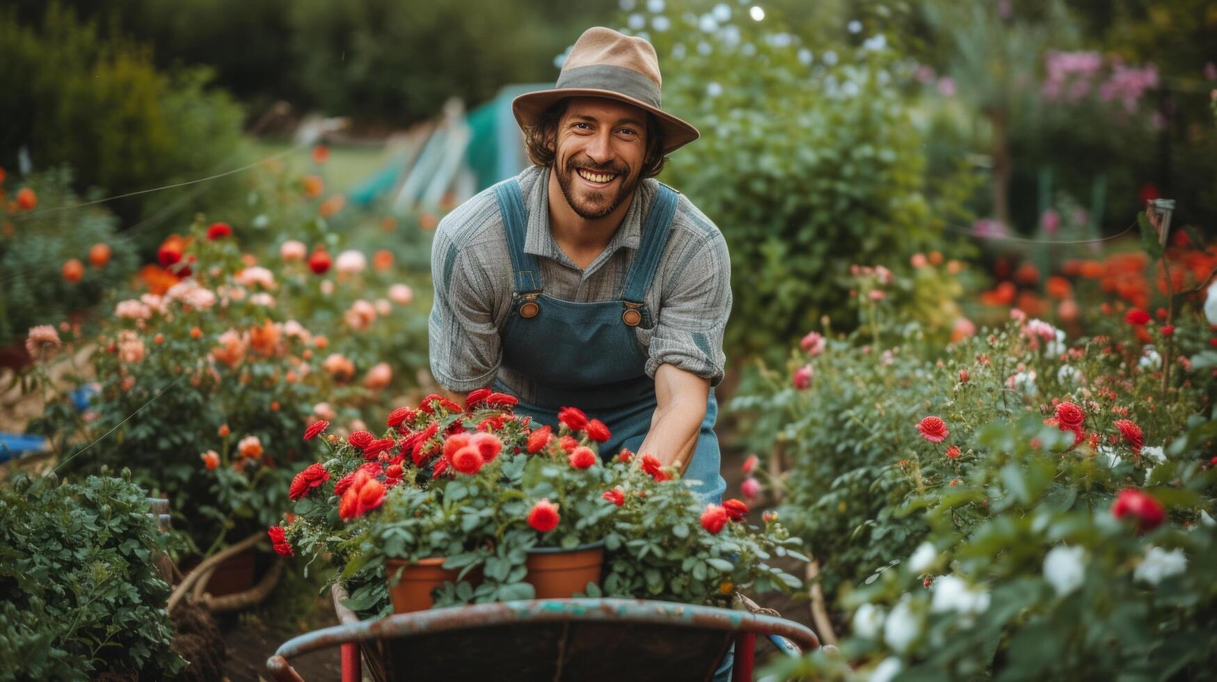 AI generated Young handsome man Gardener rolls roses in pots in a wheelbarrow photo