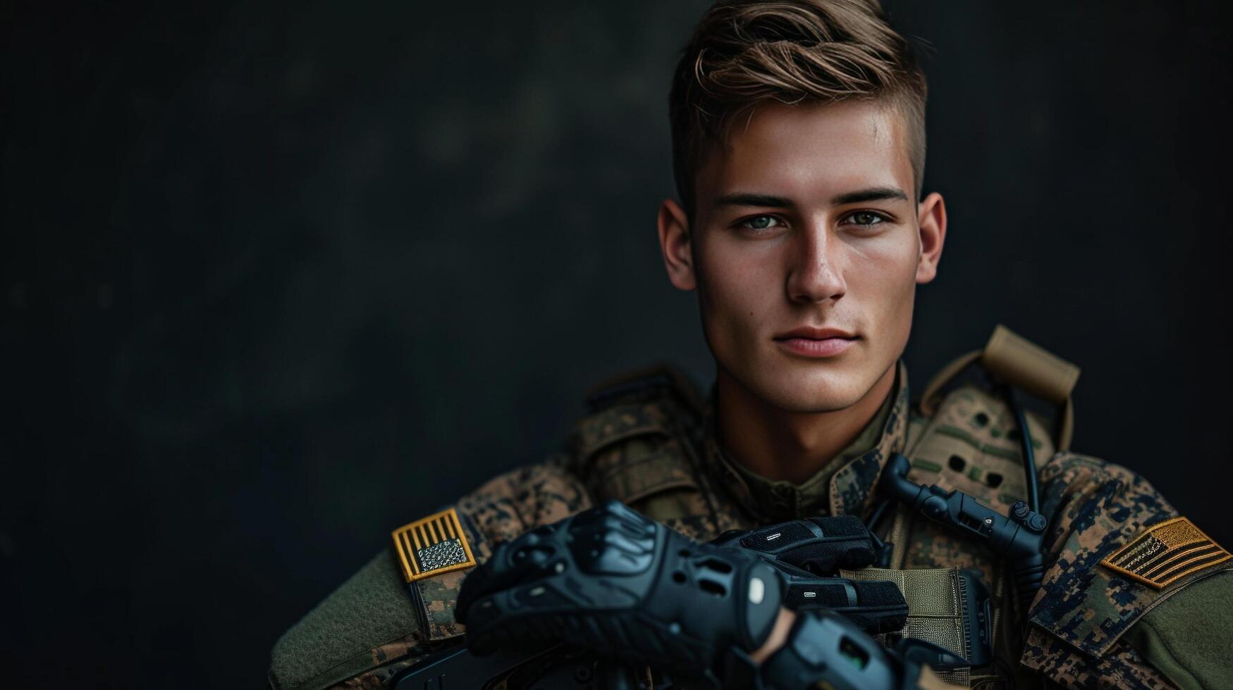 AI generated Young handsome military man with bionic prosthetic arm photo