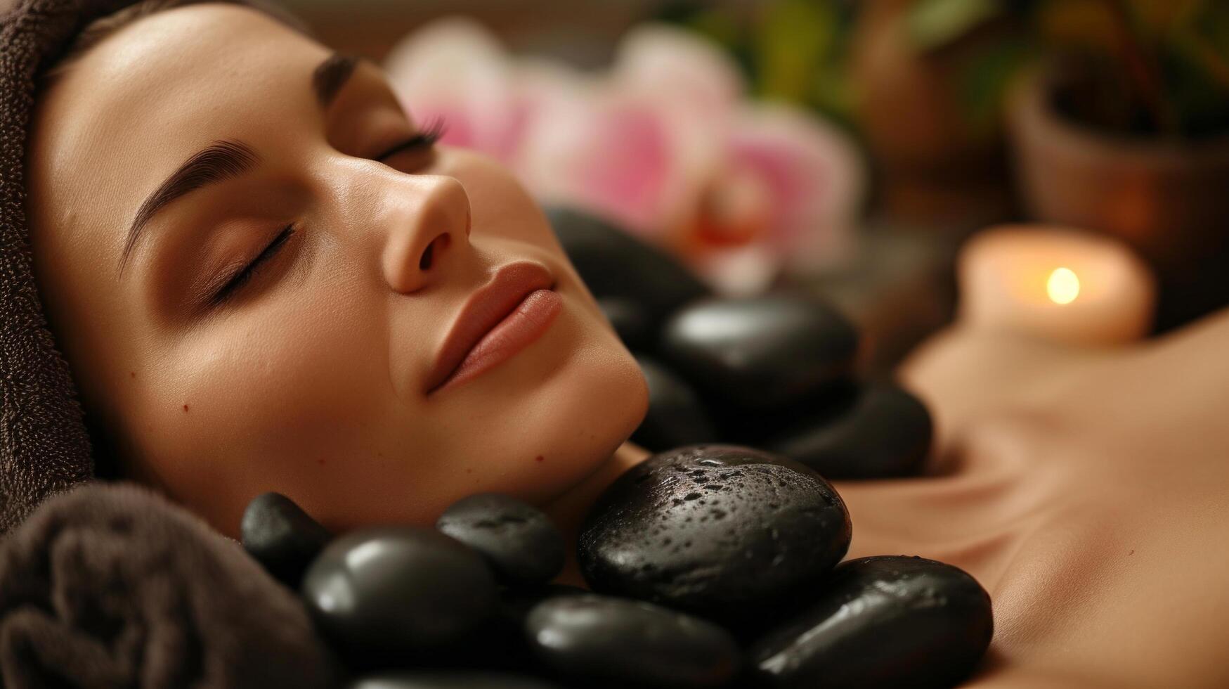 AI generated Young woman lying on spa treatment with black stones photo