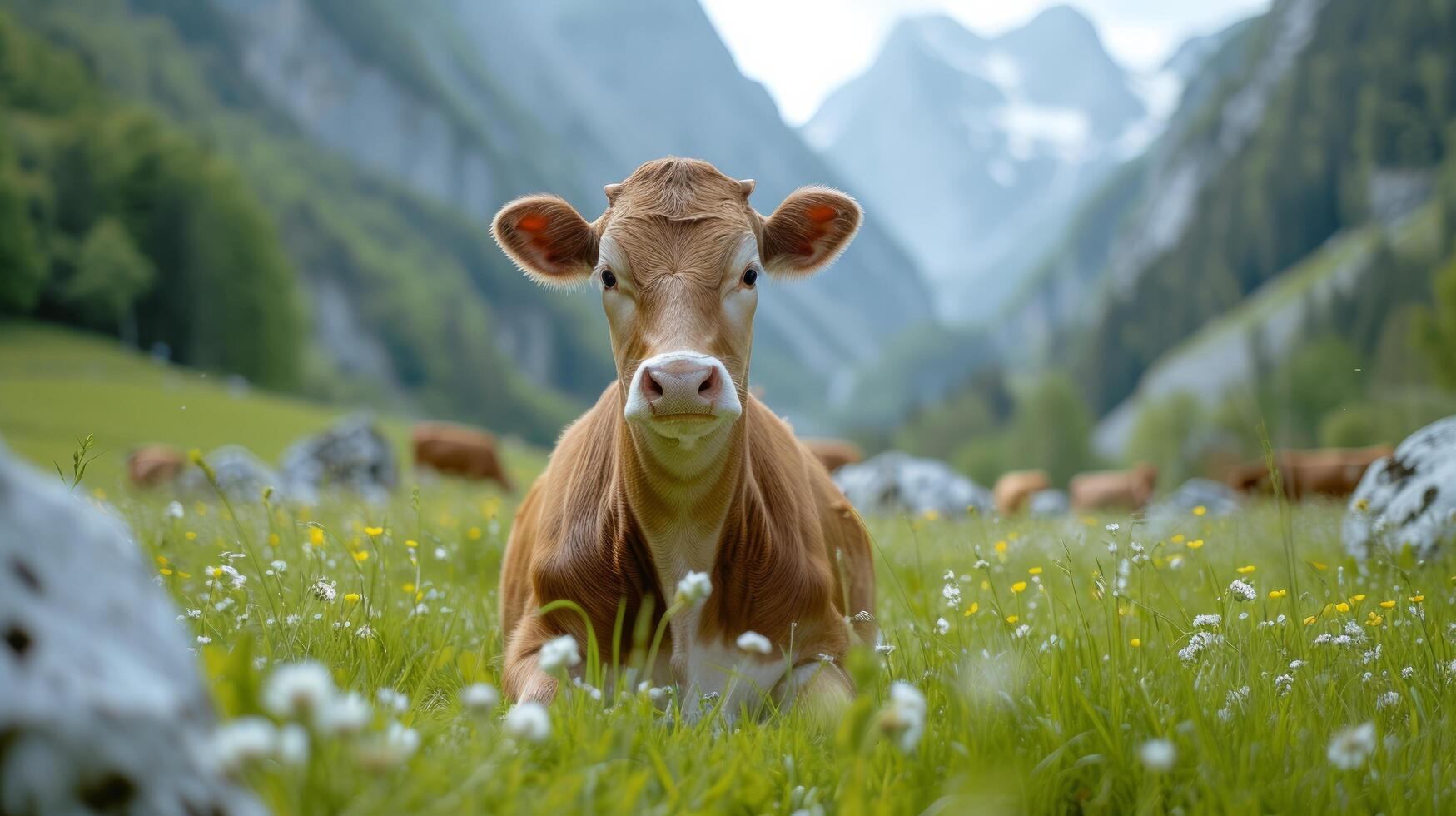 AI generated A beautiful cow looks into the camera photo
