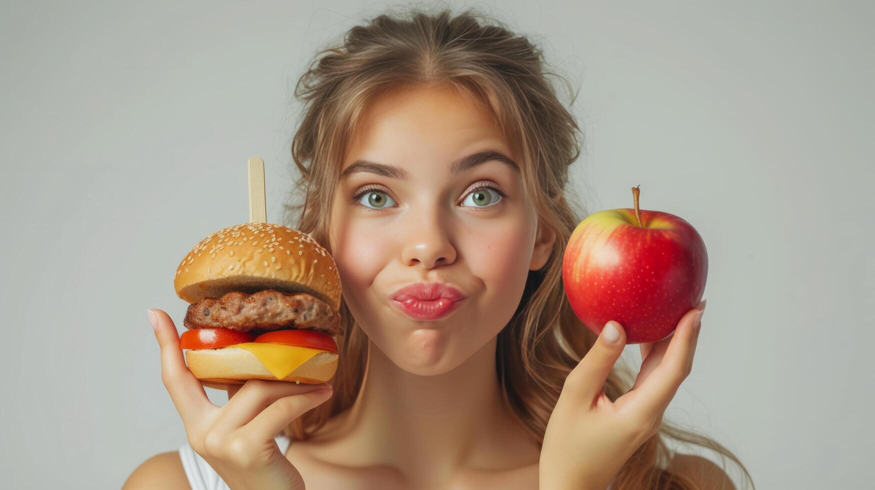 AI generated A beautiful girl doubts what she should eat. In one hand she has a Burger in the other - an apple photo