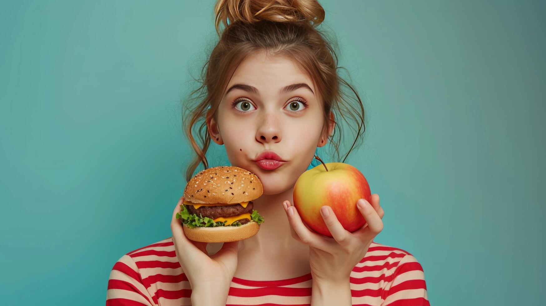 AI generated A beautiful girl doubts what she should eat. In one hand she has a Burger in the other - an apple photo