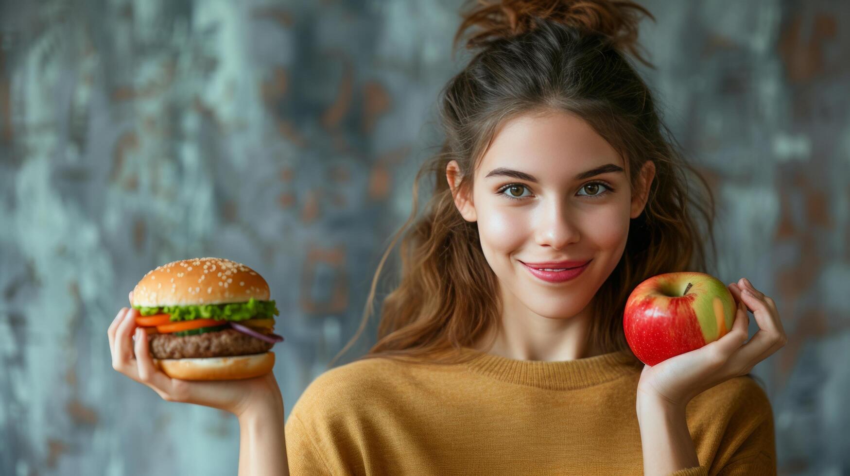 AI generated A beautiful girl doubts what she should eat. In one hand she has a Burger in the other - an apple photo
