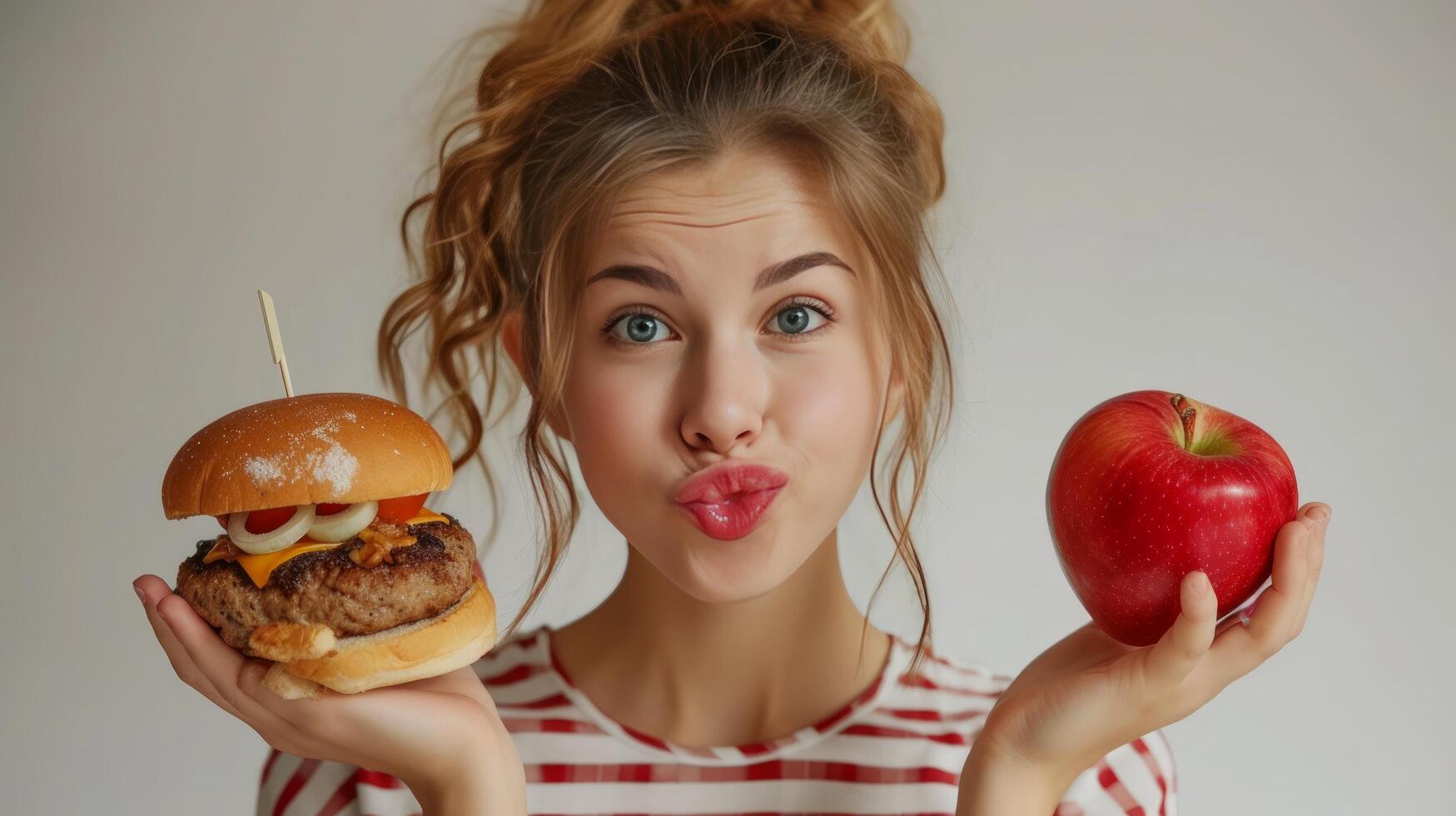 AI generated A beautiful girl doubts what she should eat. In one hand she has a Burger in the other - an apple photo