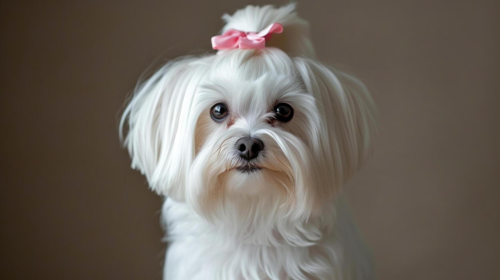 AI generated A beautifully groomed white Maltese dog with a pink bow on her head looks at the camera photo